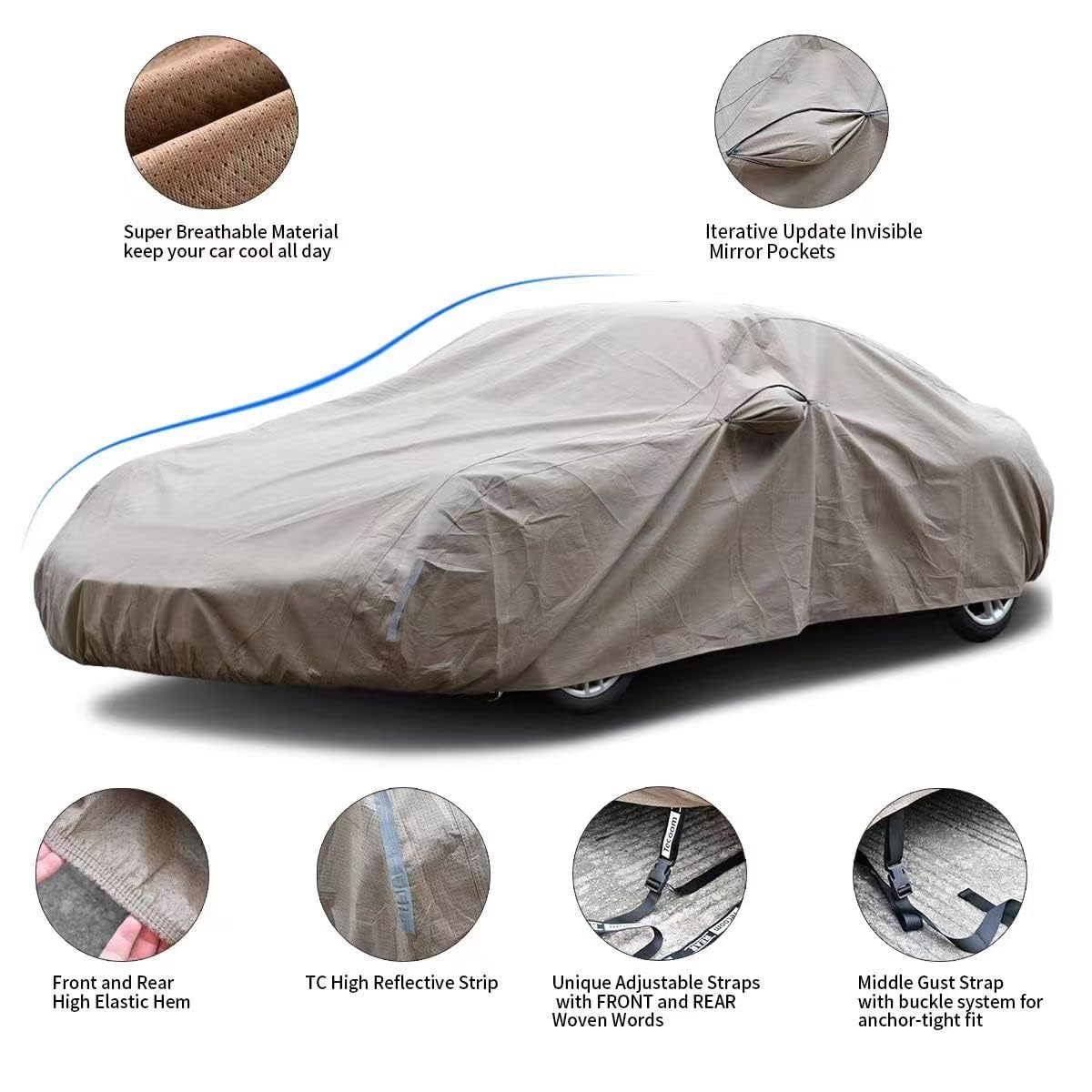 Tecoom Car Cover Waterproof All Weather,Non-Woven Breathable Outdoor Car Covers For Automobiles W/Zipper Pockets Sun Uv Wind Hai