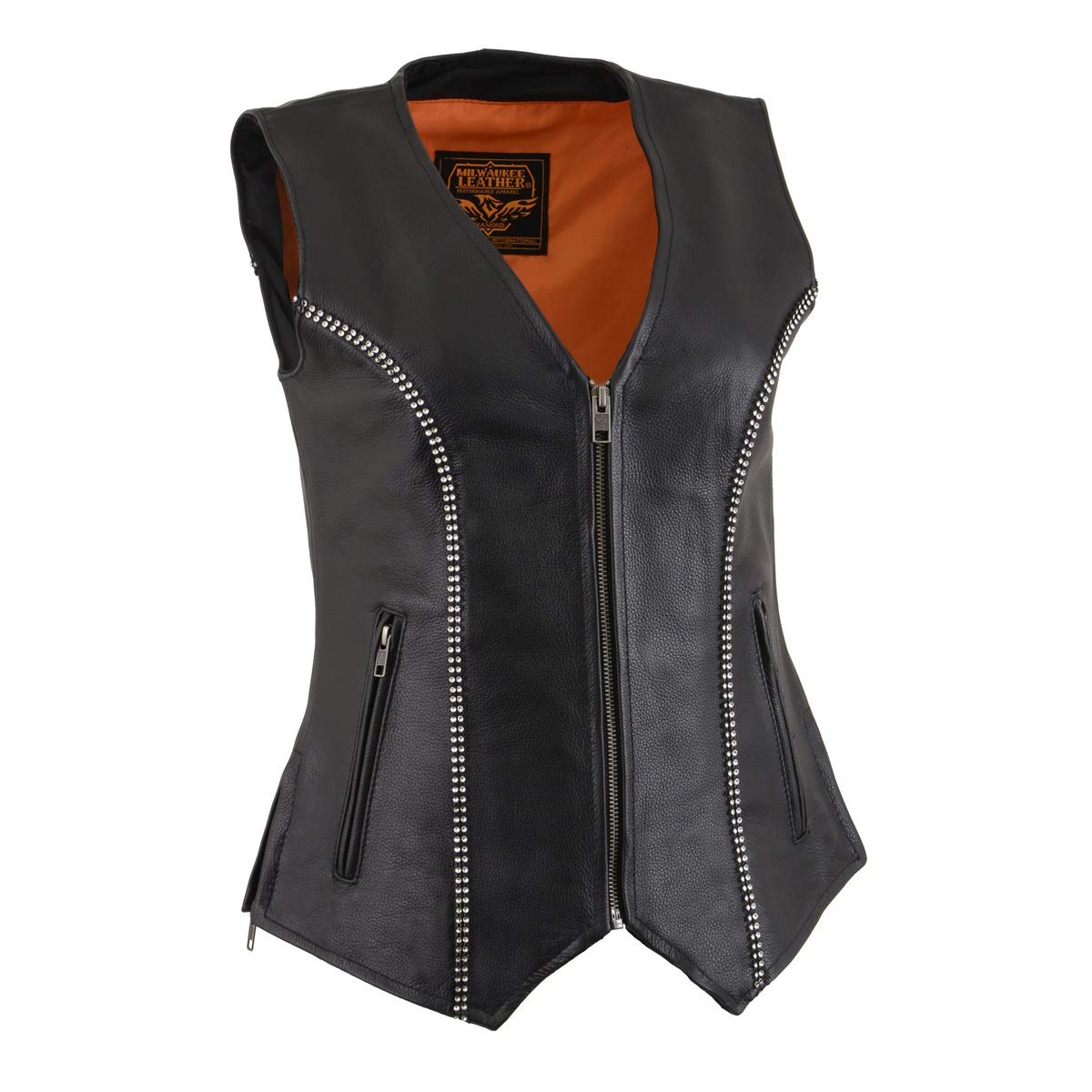 Milwaukee Leather MLL4502 Women's Black Leather Classic V-Neck Motorcycle Rider Vest with Rhinestone Bling Detail - 5X-Large