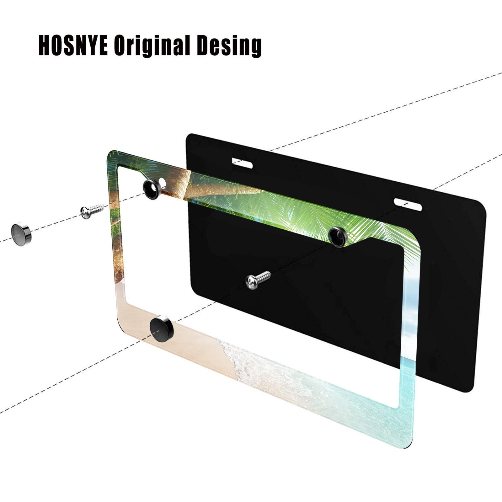 HOSNYE Tropical Beach Leaves License Plate Frame Landscape Summer Palm Tree Metal License Plate Cover Front Plates Frames Car Ta
