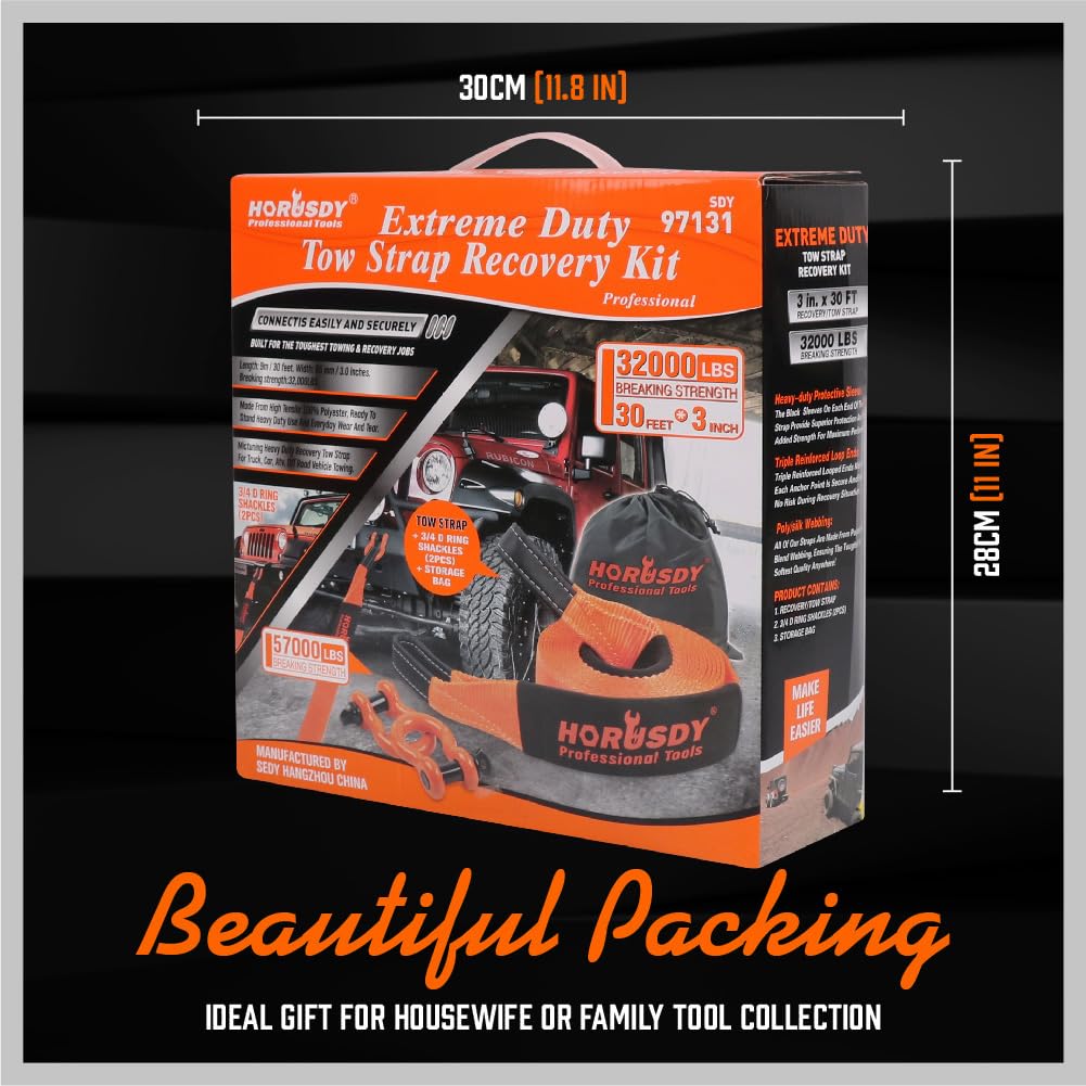 HORUSDY Heavy Duty Tow Strap Recovery Strap 3" x 30Ft, 32,000 LBS Capacity, Orange with 2 D Ring Shackles