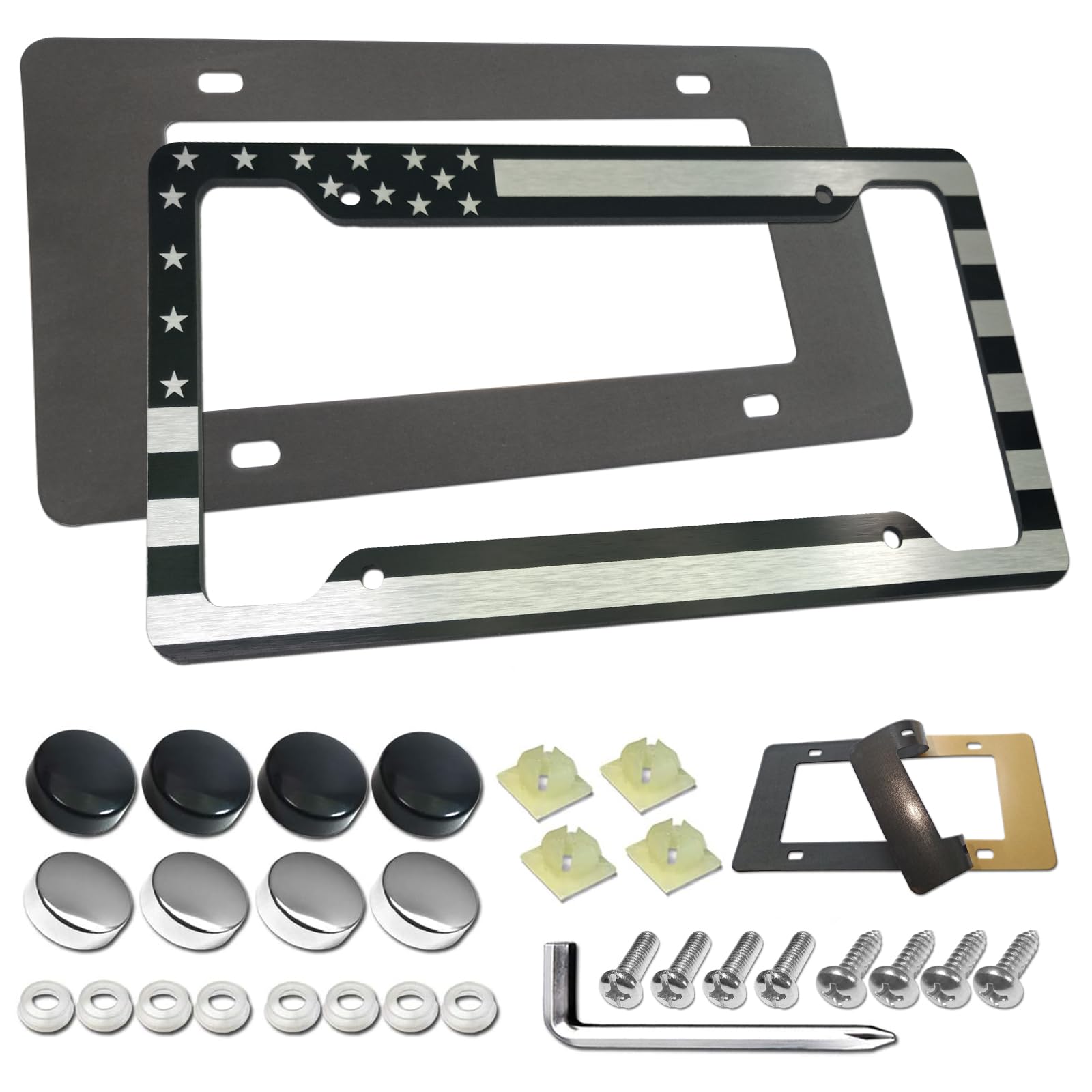 Aootf American Flag License Plate Frame - Usa Aluminum Metal License Plate Cover Auto Car Truck Tag Holder Thin Blue Line Black