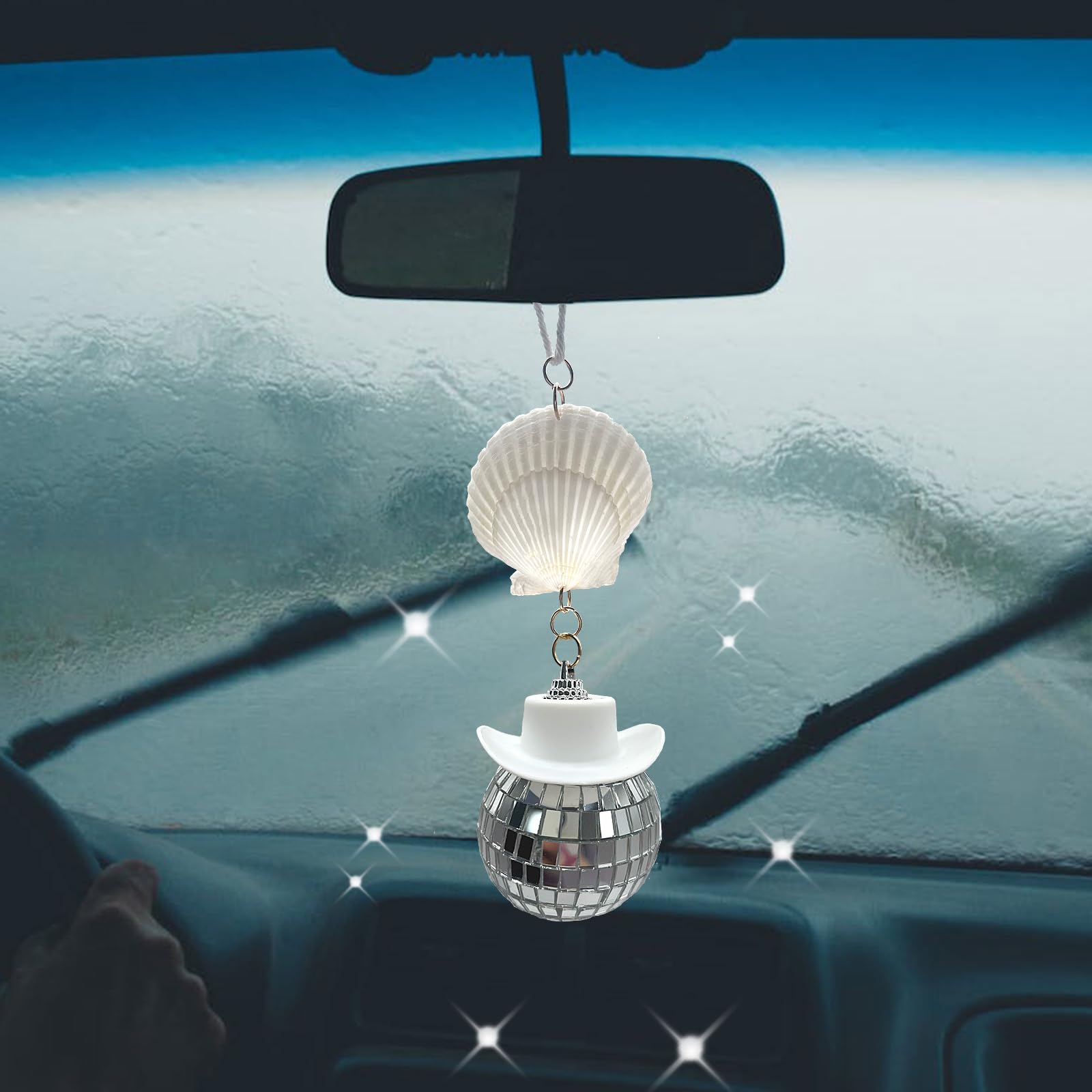 Spansee Beachy Decor Car, Disco Ball Car Mirror Ornament, Shell Decor, Seashell Charm, Coastal Cowgirl For Rear View Mirror, Cowboy Hat Accessory
