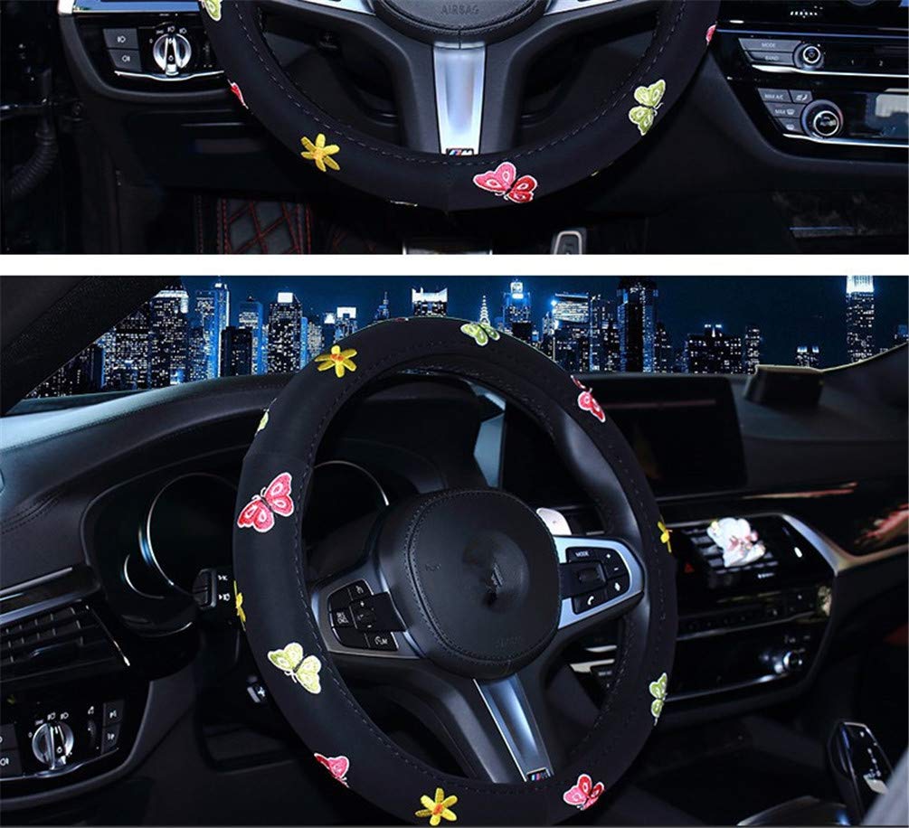 Shakar Butterfly Steering Wheel Covers- Embroidery Cute Colorful Steering Decor,Universal 15.2,Black (Black)