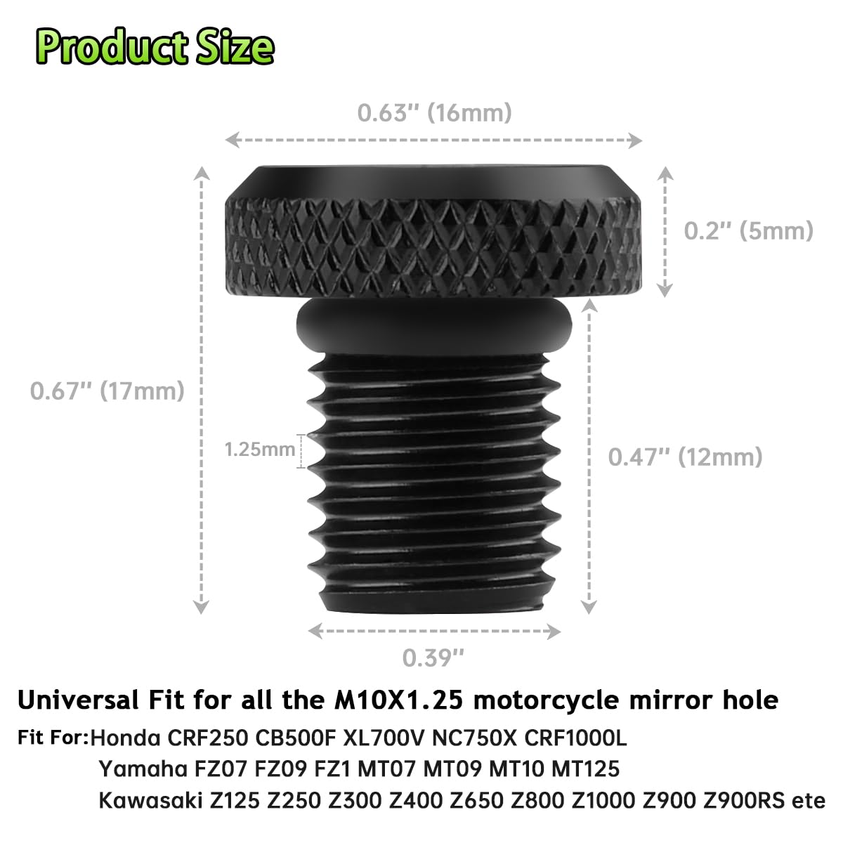 3 Pcs Motorcycle Mirror Hole Plug M10x1.25, Universal Space Aluminum Motorcycle Rear view Mirror Screws Suitable for most Motorc