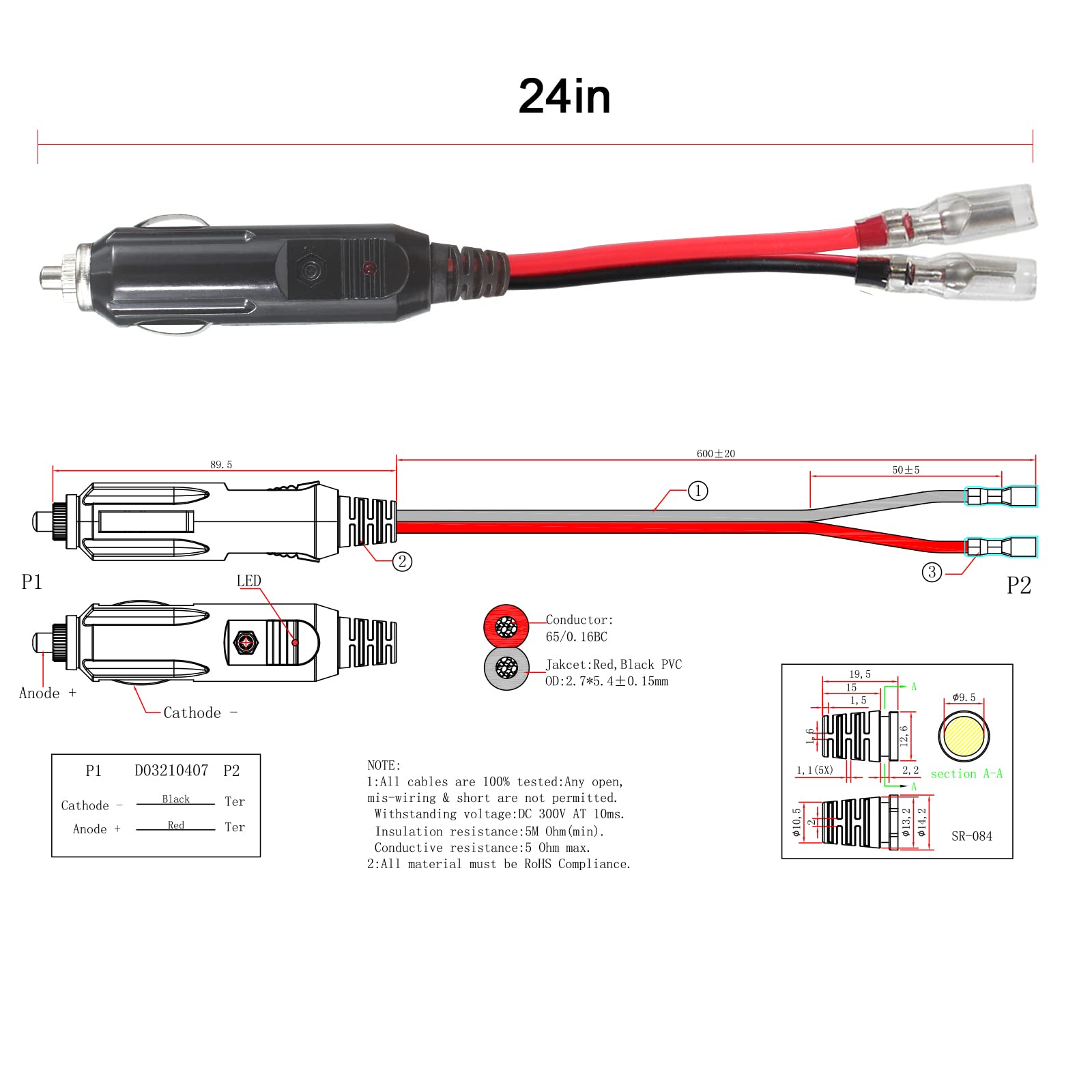 2Ft 12Volt Replacement Cigarette Lighter Male Plug With Leads - Car Cigarette Lighter Male Plug To Bullet Female Terminal With Lead Cigar Plugs Power Supply Heavy Duty Cord Led Light 15Amp (2Ft-1Pack)