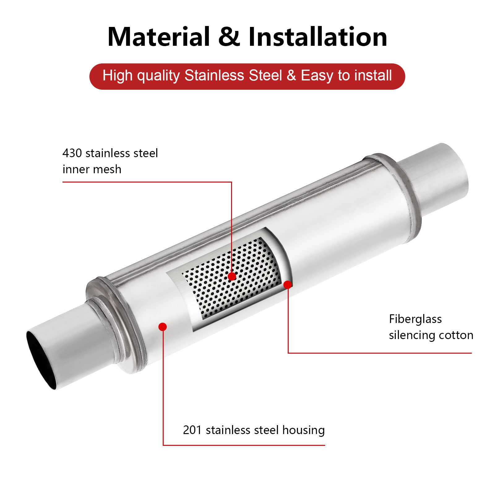 3'' Exhaust Muffler,Universal 3 mufffler Stainless Steel Straight Through Design Performance Muffler 3,3 inch Muffler Resonator