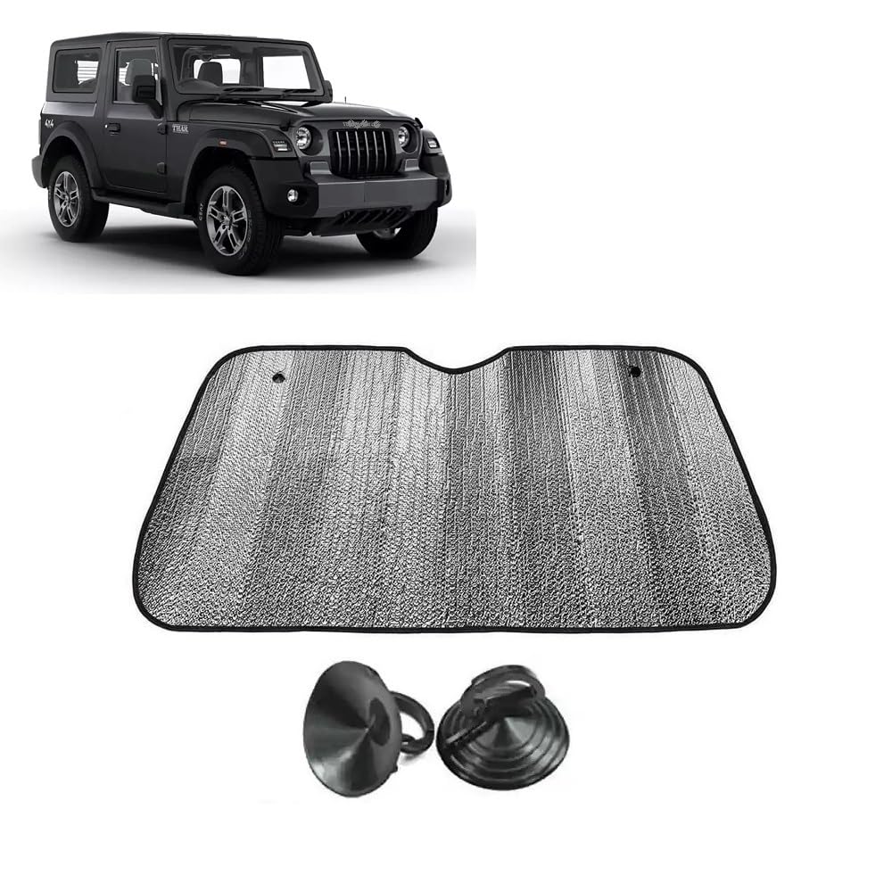 Car Windshield Sun Shade UV Rays Protector Silver Sunshade Solar Reflective Suitable for Mahindra Thar [2020 to 2024]
