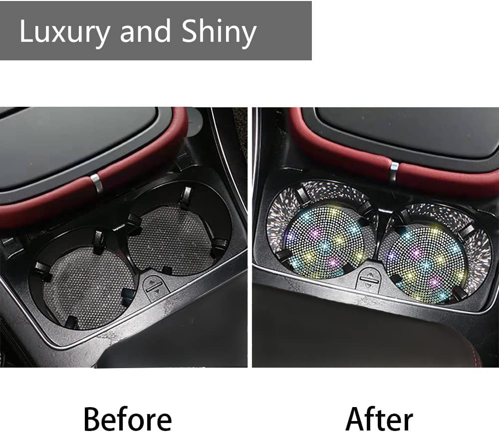 2Pcs Bling Car Cup Holder Coaster, 2.75 Inch Anti-Slip Shockproof Universal Fashion Vehicle Car Coasters Insert Rhinestone Auto Automotive Interior Accessories For Women (2 Pcs, Colorful)