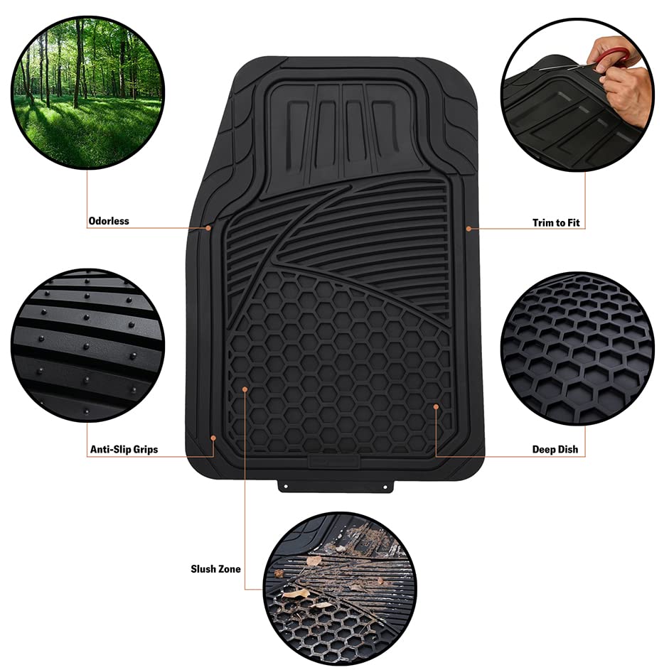 Amazon Basics Heavy Duty Car Floor Mat, Pvc Faux Rubber, With Carpet Backing, Universal Deluxe All-Weather Trim To Fit For 95% A
