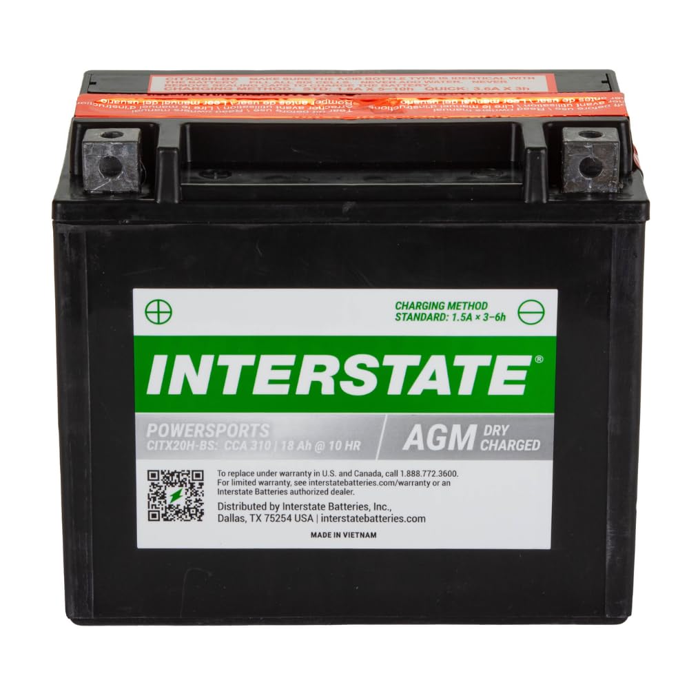 Interstate Batteries YTX20H-BS 12V 18Ah AGM Powersports Battery 310CCA for Arctic Cat, Harley, ATVs, Snowmobiles