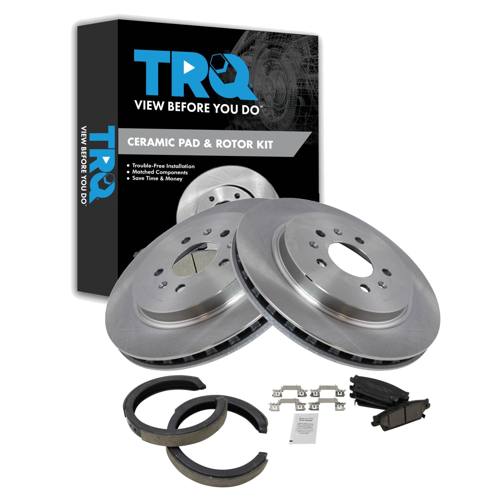 Trq Rear Brake Pad & Rotor Kit Brake Pads Brake Rotor Parking Brake Shoe Set Ceramic Compatible With 2005-2009 Cadillac Sts