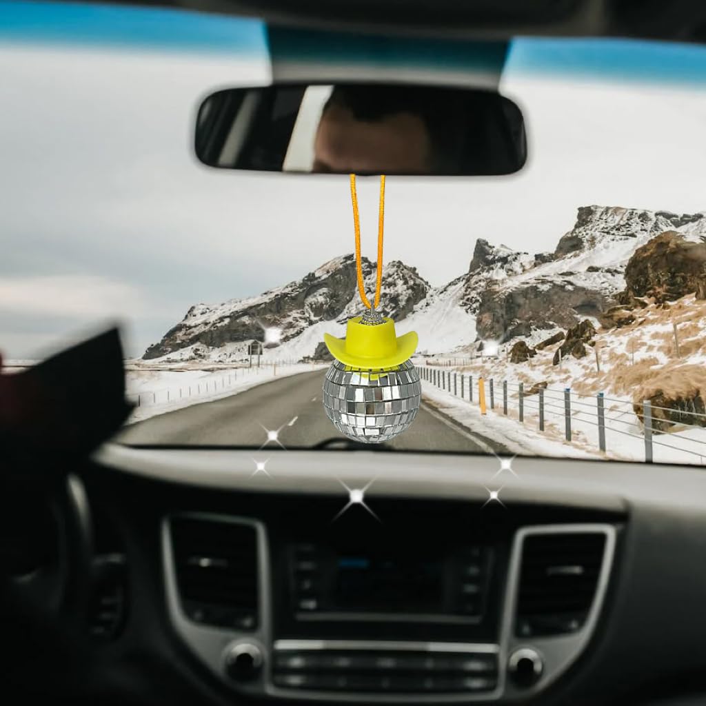 Spansee Yellow Disco Car Charm, Disco Cowgirl Car Charm, Disco Ball Cowboy Hat Car Accessory, Car Disco Ball, Rear View Mirror Accessories, Disco Ball Car Mirror Ornament, Disco Ball For Car