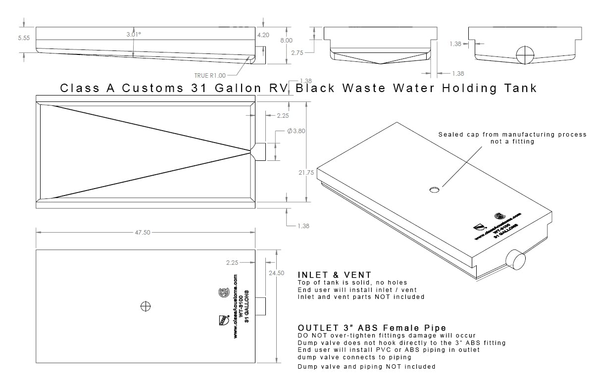 Class A Customs 31 Gallon Black RV Waste Holding Tank - Durable Polyethylene (PE) Construction