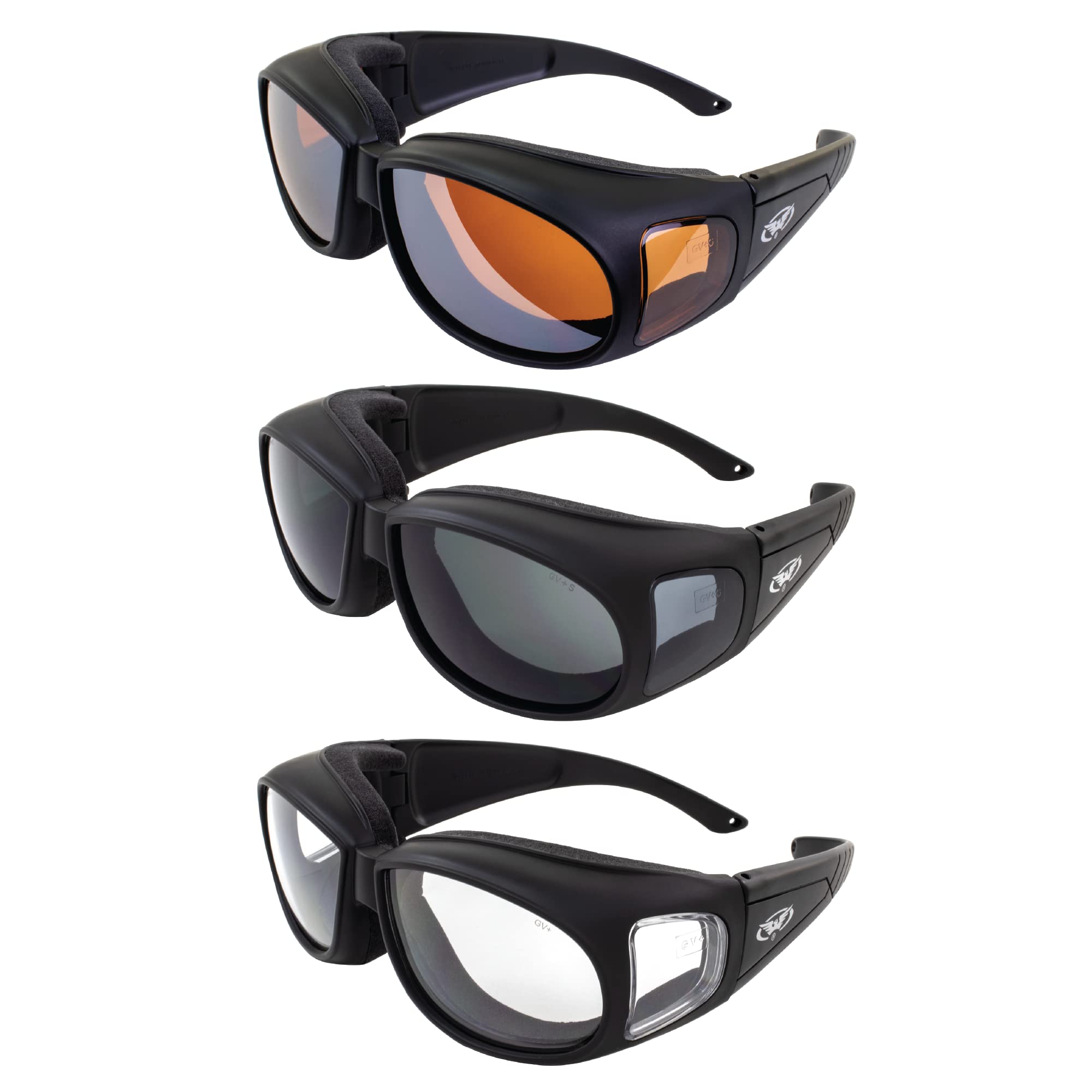 Global Vision 3 Pairs Of Outfitter Padded Motorcycle Safety Sunglasses Z87.1 Anti-Fog Over-The-Glasses Black Frame With Clear, S
