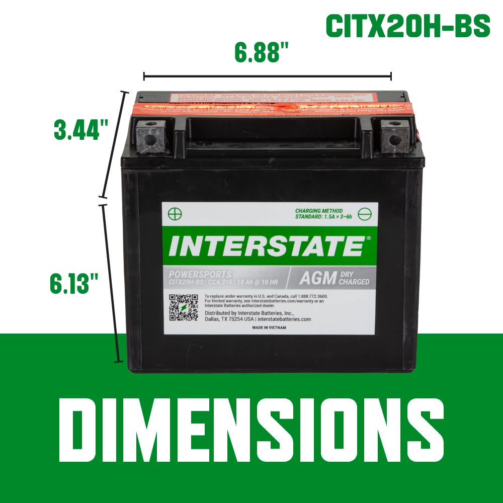 Interstate Batteries YTX20H-BS 12V 18Ah AGM Powersports Battery 310CCA for Arctic Cat, Harley, ATVs, Snowmobiles