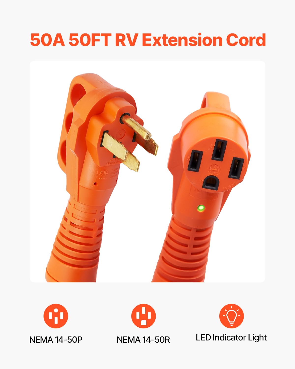 VEVOR 50 Amp RV Extension Cord, 50 FT Heavy Duty STW 6/3+8/1 AWG, NEMA 14-50P to 14-50R