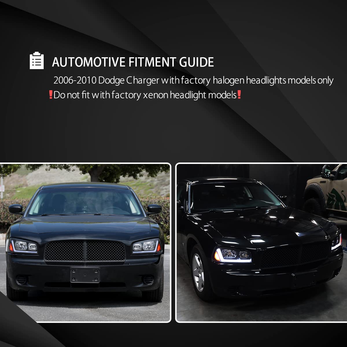 Autozensation Headlamp Assembly for 2006-2010 Dodge Charger, Black Housing, Clear Lens, Left + Right Pair with LED Strip and Turn Signal Light