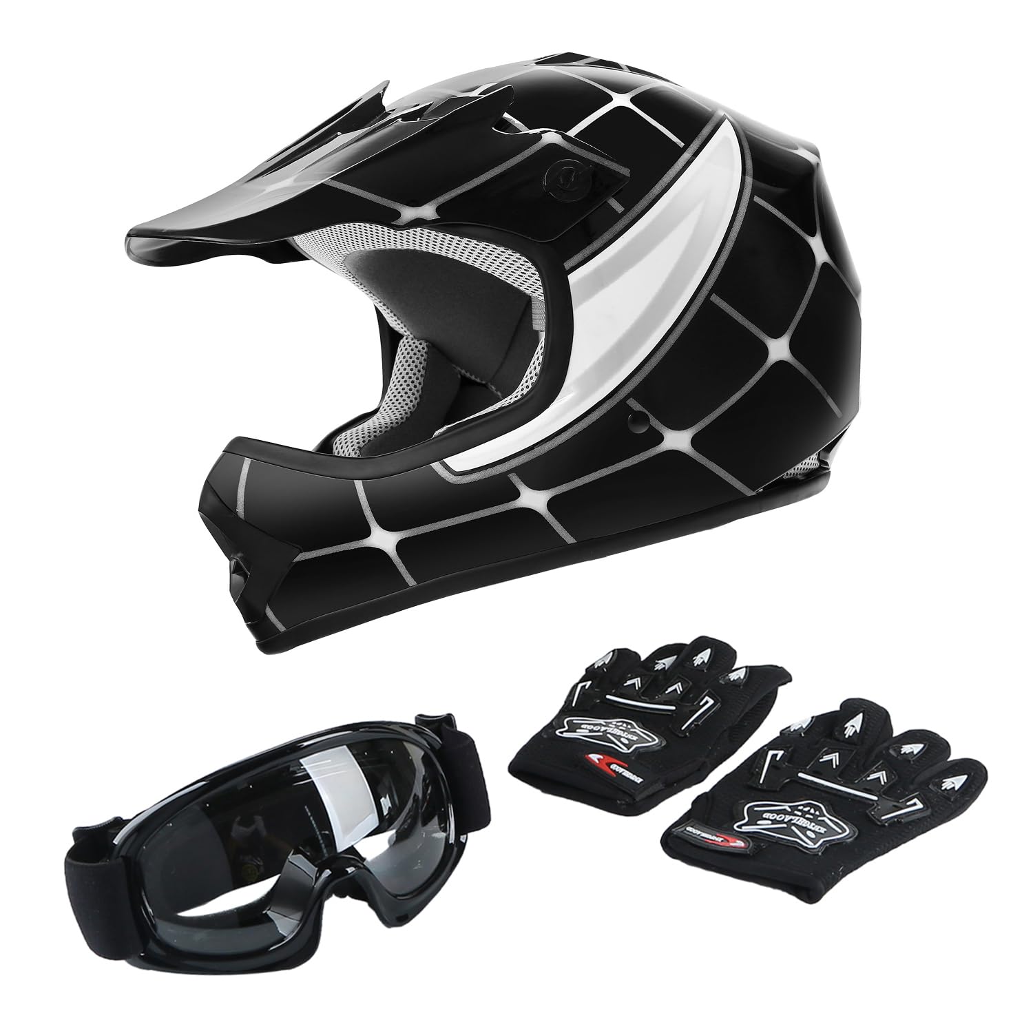 Tct-Motorparts Dot Youth Kids Motocross Atv Helmets Offroad Street Dirt Bike Go-Kart Bmx Mx Full Face Helmet Black Spider X-Larg