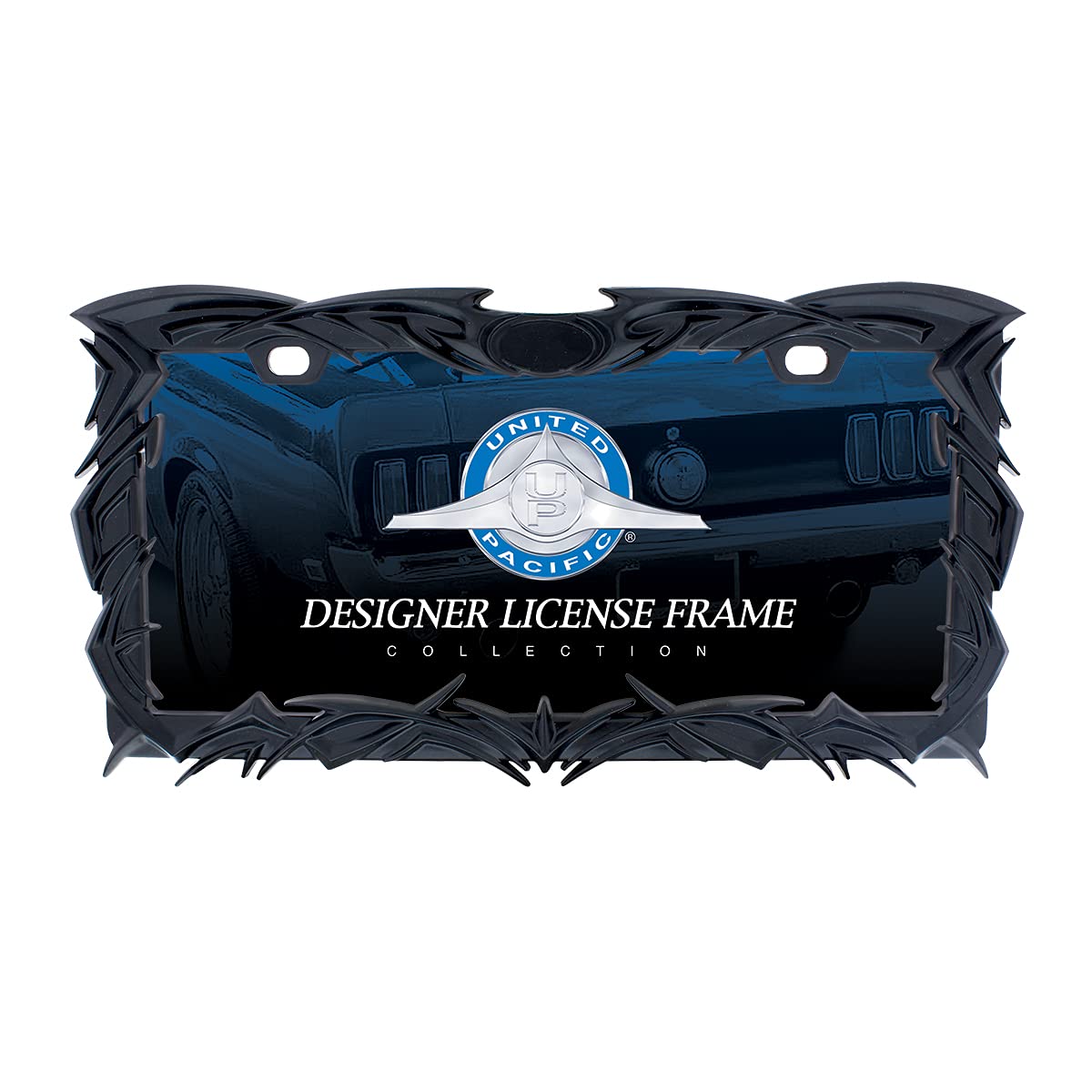 United Pacific 50114 Die-Cast Metal Black Tribal Flame License Plate Frame Holder, 3-D Design, Satin Black Finish, Fits Standard