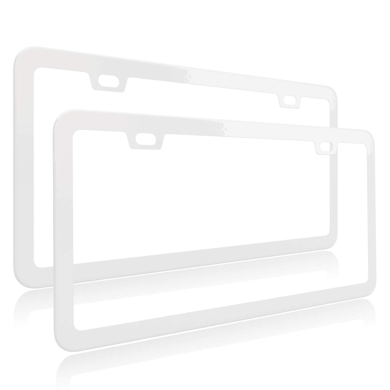 Deselen White License Plate Frame, Metal Thin Stainless Steel With 2 Holes Screw Cap, 2 Pack (White)
