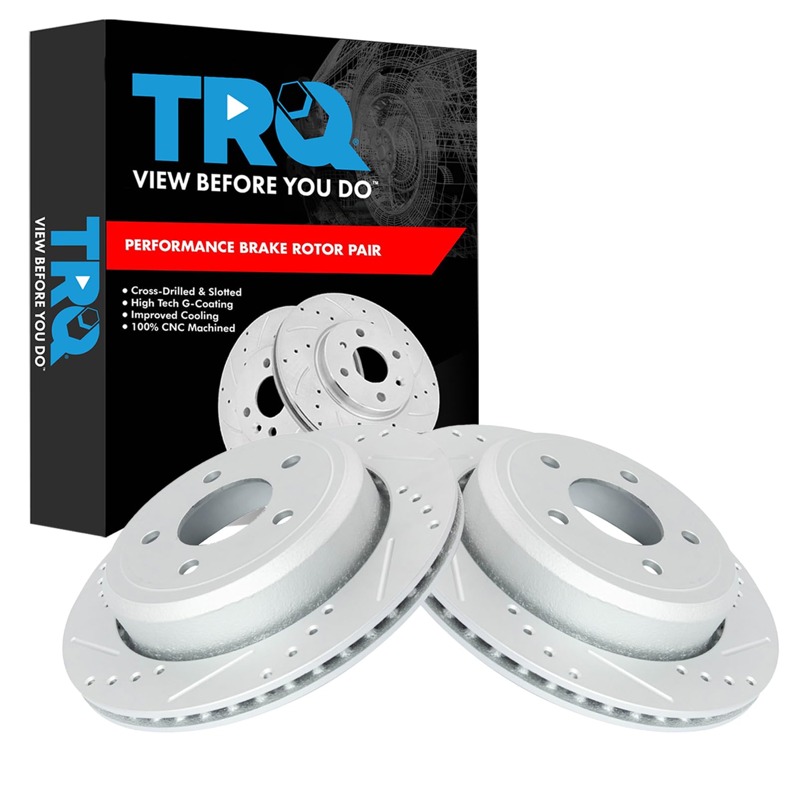 Trq Rear Performance Brake Rotors Set Premium G-Coated Cross Drilled & Slotted Compatible With 2003-2011 Ford Crown Victoria Mer
