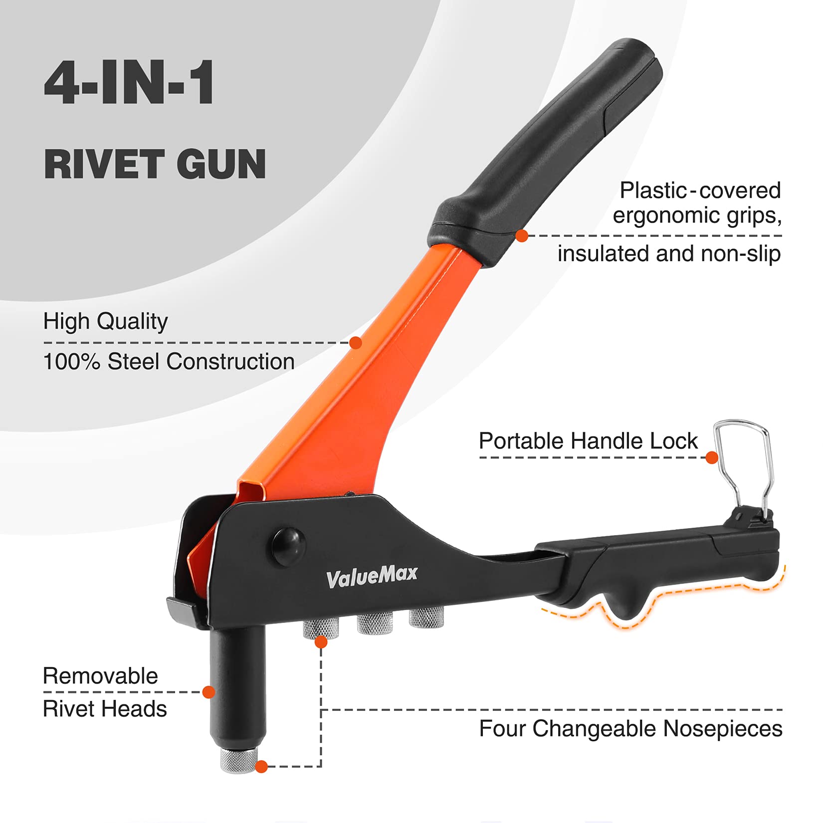 Valuemax 4-In-1 Hand Riveter/Rivet Gun, Pop Rivet Tool Kit With 200 Rivets - 3/32-Inch, 1/8-Inch, 5/32-Inch, 3/16-Inch, 4 Interc