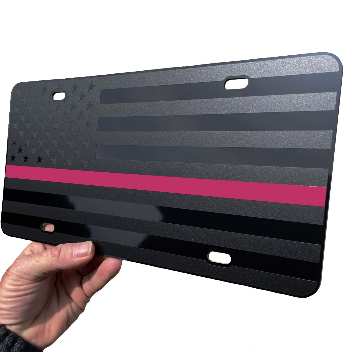 Jass Graphix Thin Pink Line Almost Invisible American Flag License Plate Breast Cancer Awareness Matte Black On 1/8'' Black Alum
