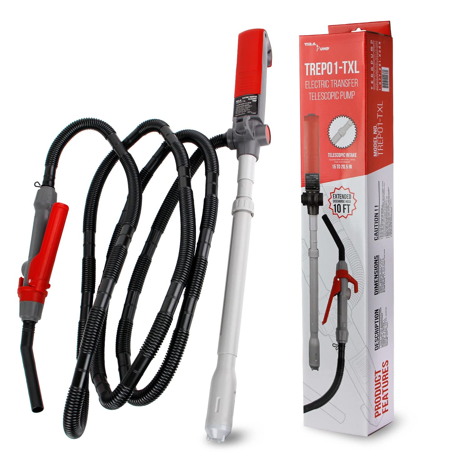 Tera Pump Fuel Transfer Pump W/Quick Flow Control Nozzle & Telescopic Tube - 3X Powerful D Battery Powered, 10Ft Xl Long Discharge Hose, Multipurpose Portable Battery Pump For Gas, Diesel (2.4 Gpm)
