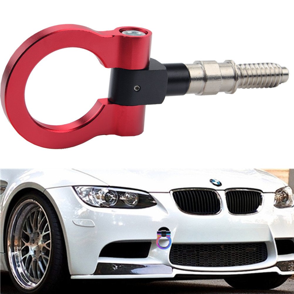 DEWHEL Aluminum Track Racing Front Rear Bumper Car Accessories Auto Trailer Ring Eye Towing Tow Hook Kit Red compatible with BMW