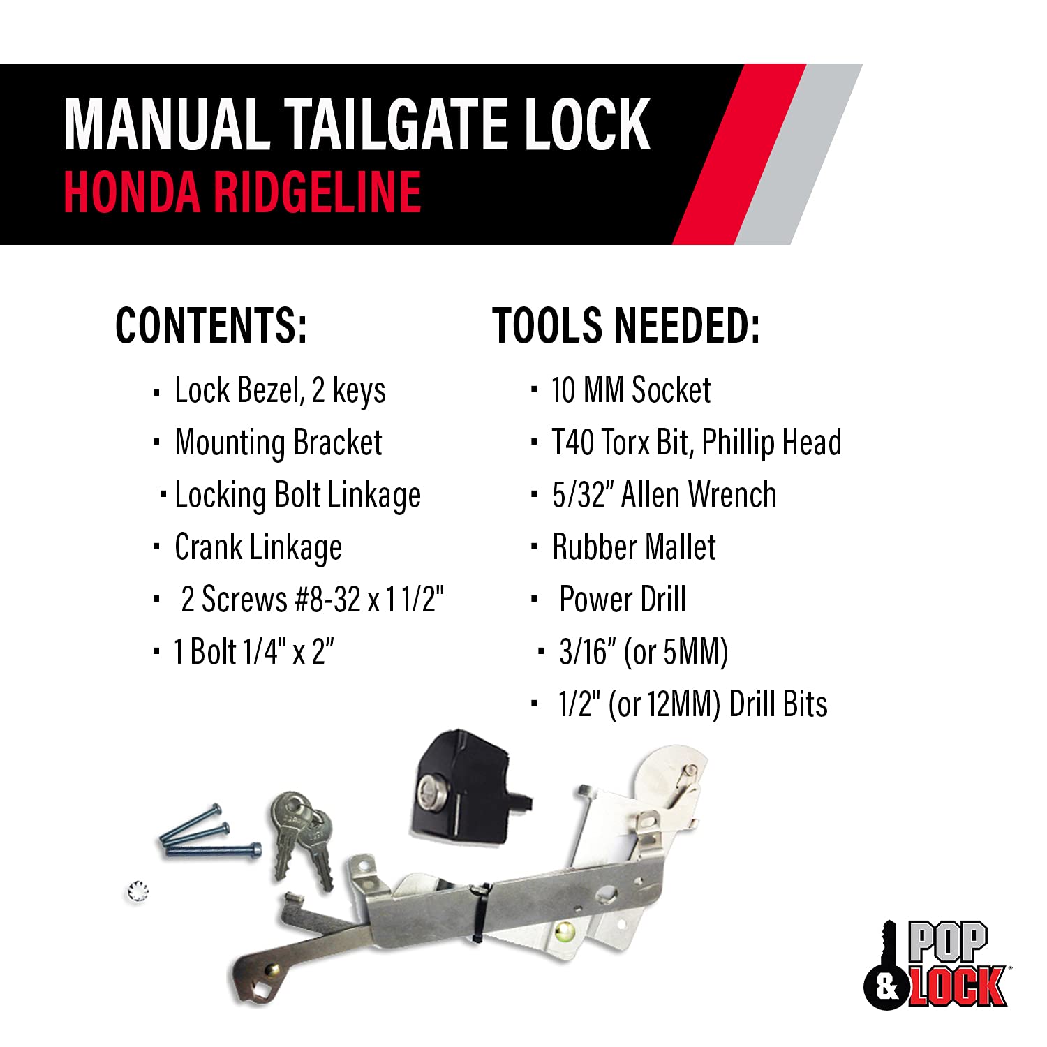 Pop & Lock Pl6100 Black Manual Tailgate Lock For Honda Ridgeline (Works With/Without Factory Backup Camera)