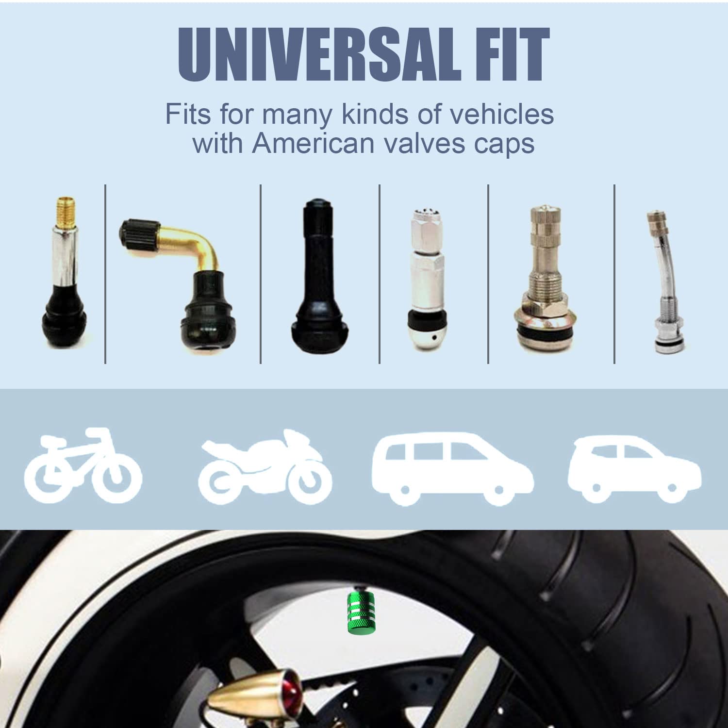 Decurcar Tire Valve Stem Caps - (5 Pack) Air Cap Metal With Plastic Liner Corrosion Resistant Leak-Proof American Flag For Car Truck Motorcycle Bike Green, Green,Metallic