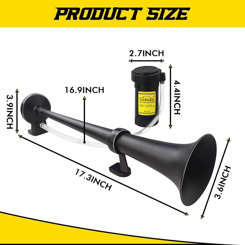GAMPRO 12V Chrome Zinc Car Air Horn - 150DB Single Trumpet, 18 Inches, Black, Model GAM-DG-CBL for Trucks, Boats, Cars