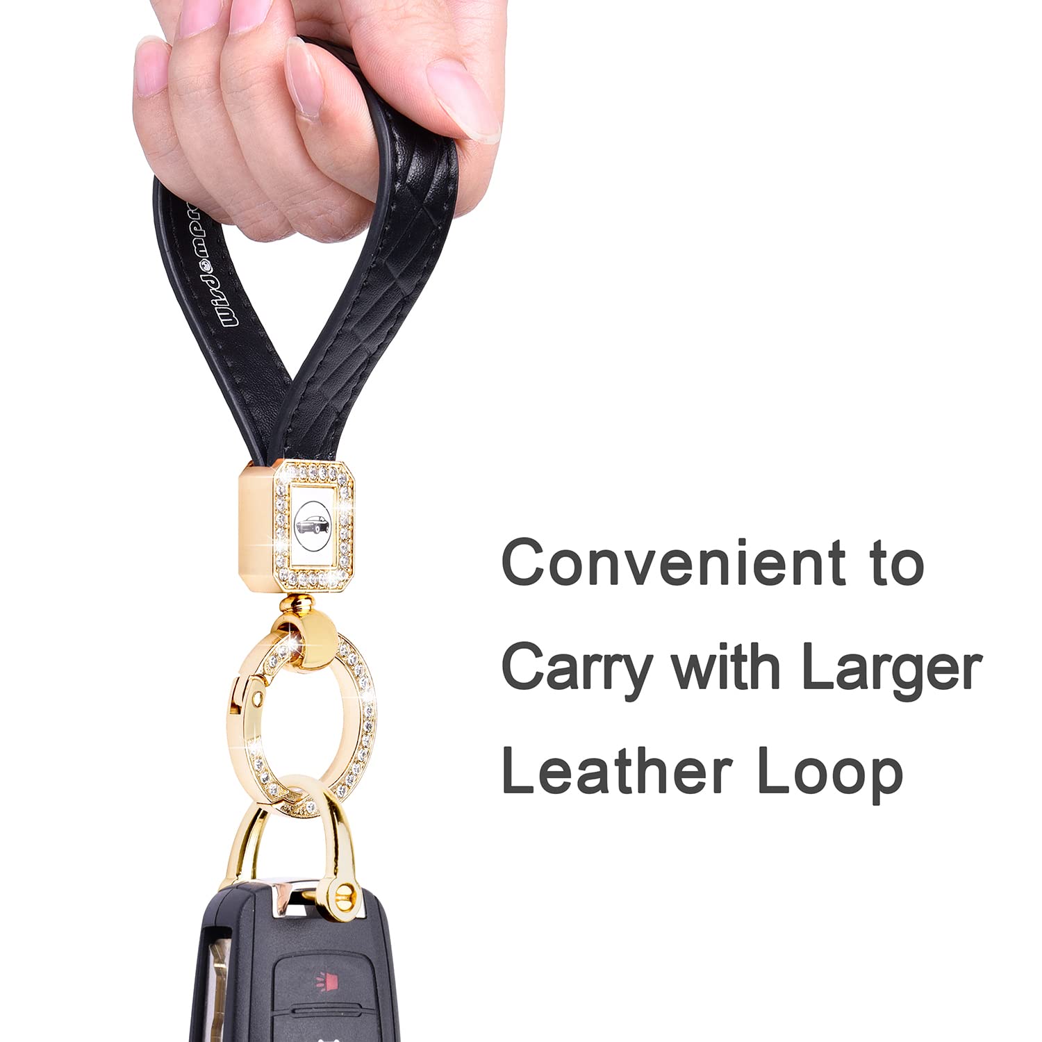 Wisdompro Bling Leather Car Keychain, Universal Microfiber Leather Key Fob Keychain Key Chain Holder Accessories With Sparkly Rhinestones, Anti-Lost D-Ring And 2 Key Rings For Men And Women - Black