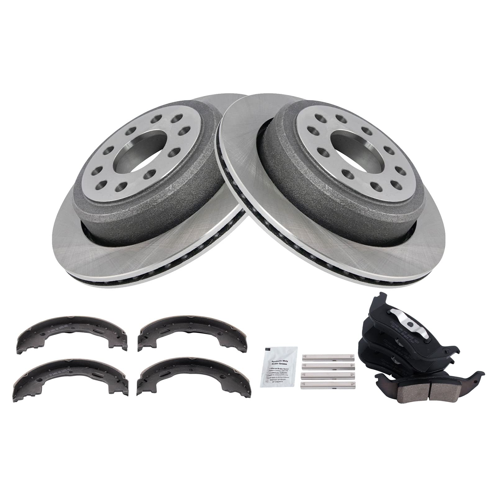 Trq Rear Brake Pad & Rotor Kit Brake Pads Brake Rotor Parking Brake Shoe Set Ceramic Compatible With 2005-2011 Lincoln Town Car