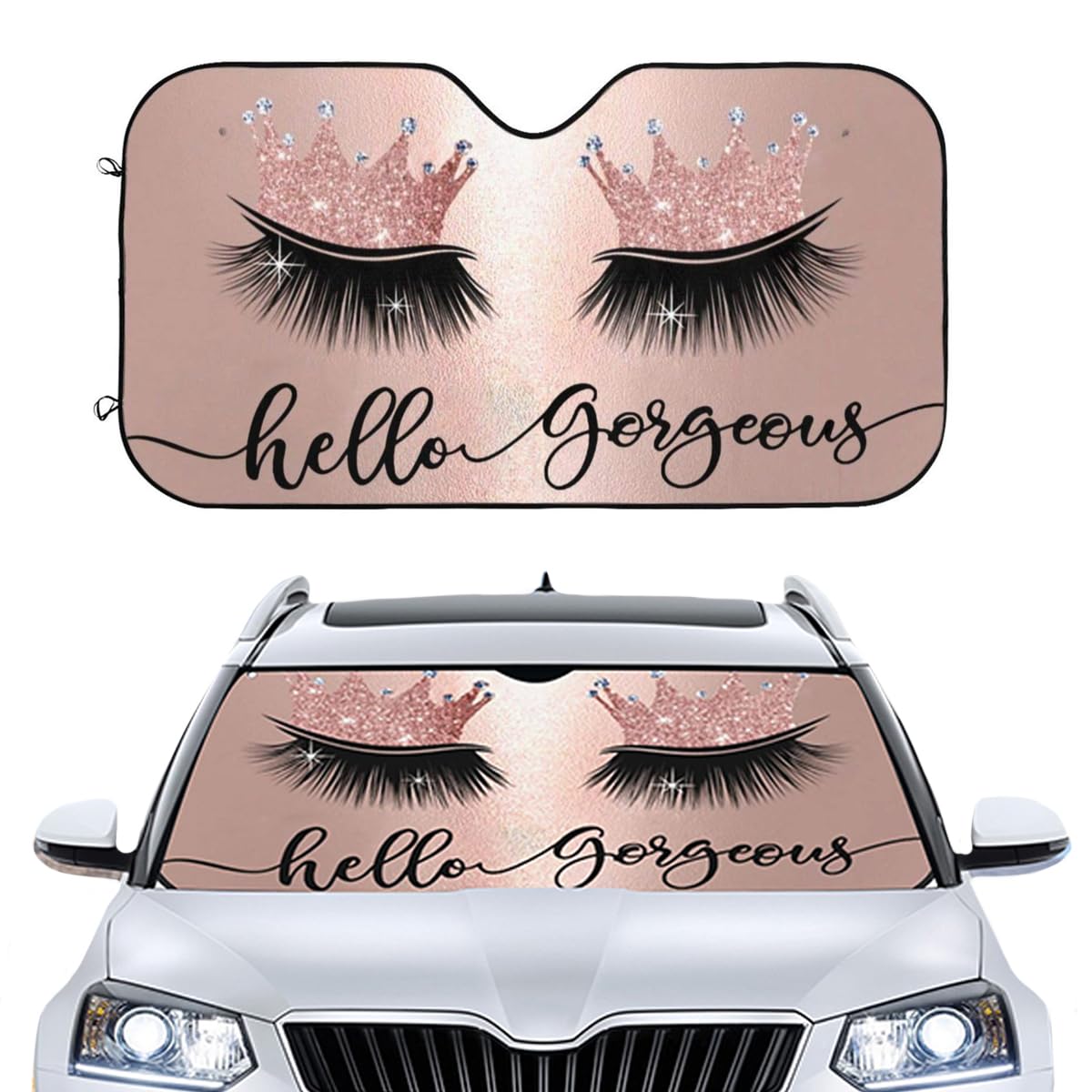 Car Windshield Sunshade Hello Gorgeous Pink Crown Eyelash Front Window Sun Shades Folding Block UV Rays Sun Visor Protector Sun 