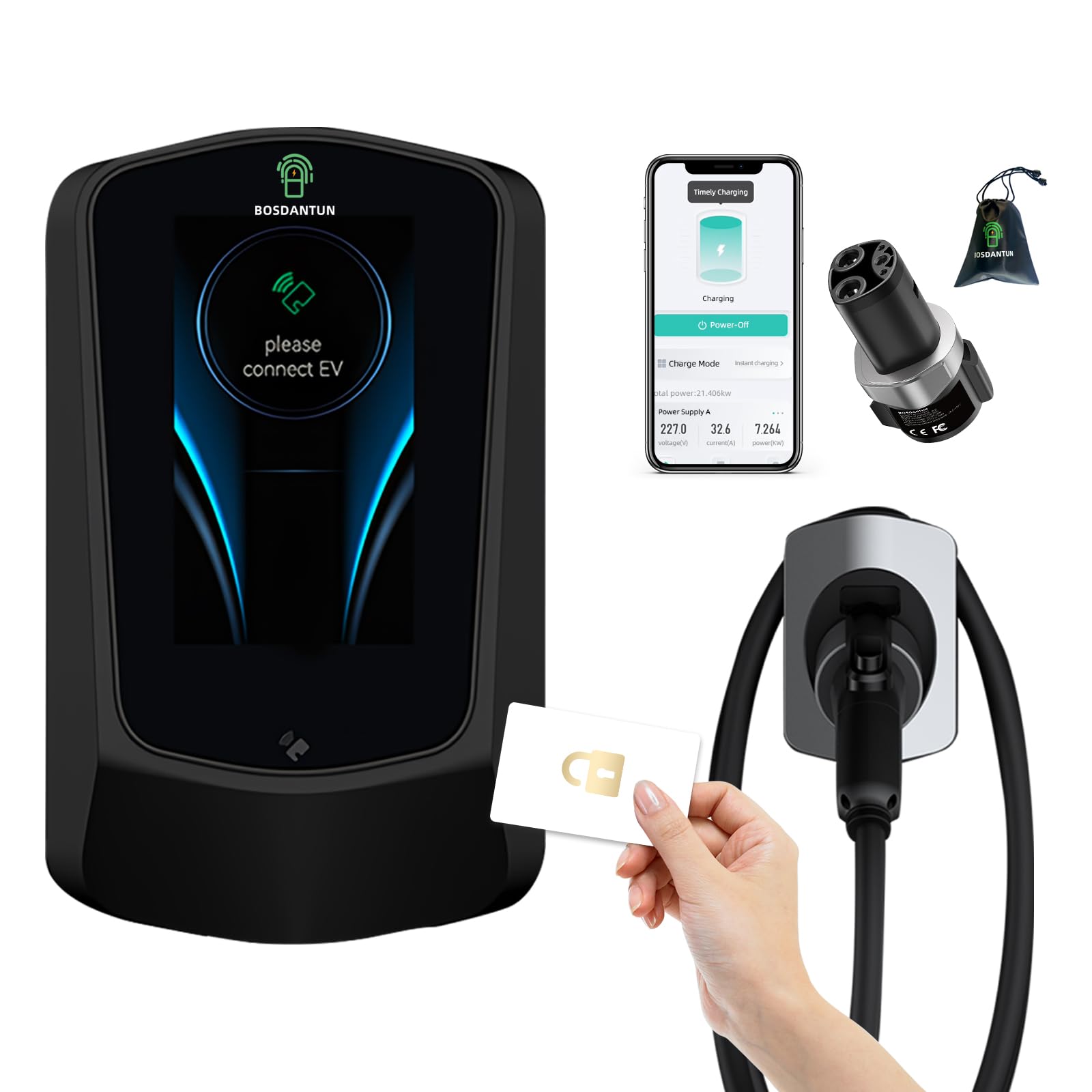 Bosdantun Tesla Ev Charger Level 2 48A 240V 25Ft Cable Tesla Home Charger J1772 Wall Charger For Model X Mode 3 Mode Y Free J1772 To Tesla Charger Adapter(Black)