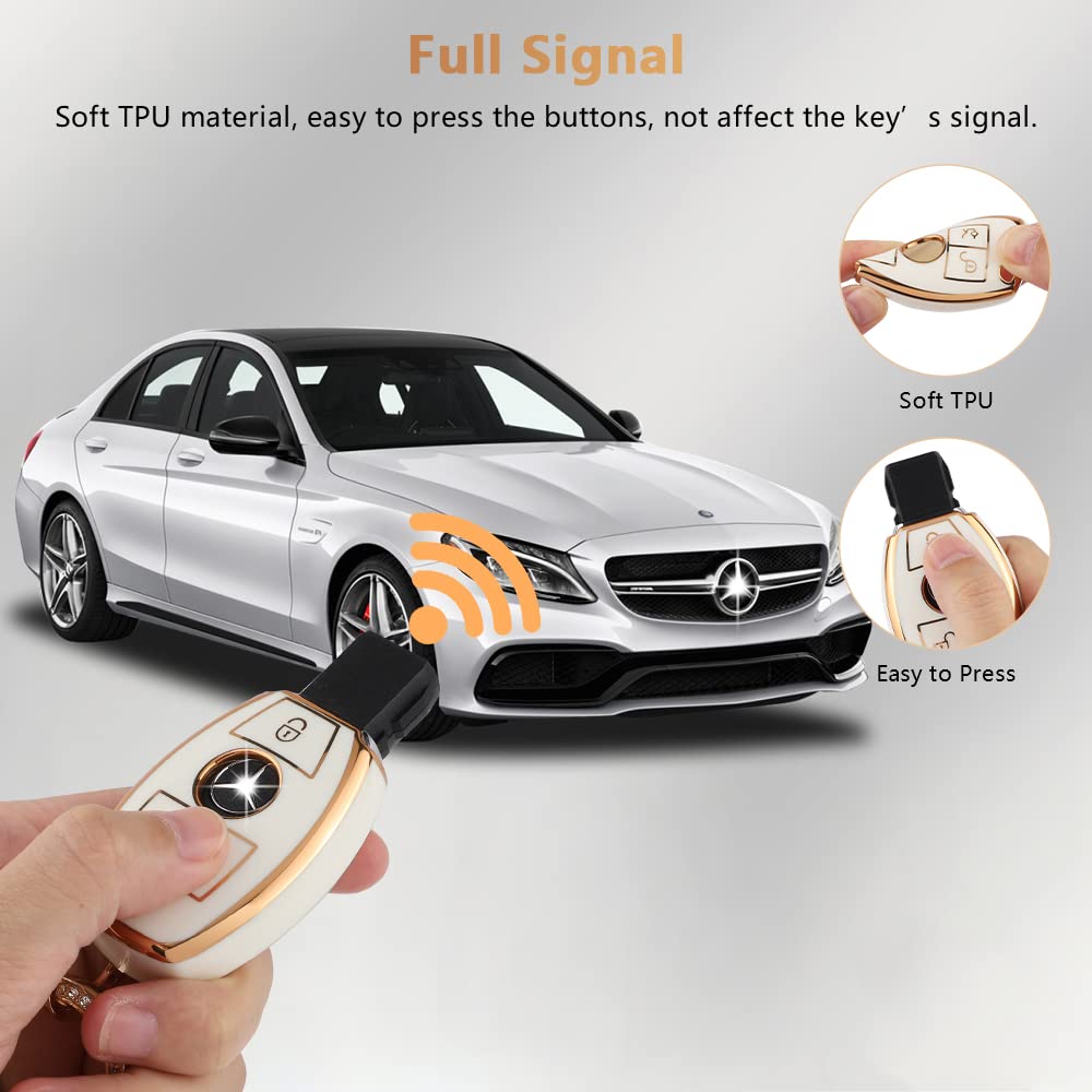 Pifoog For Mercedes Key Fob Cover Tpu Key Case Soft Car Keys Protector Fit Mercedes Benz Amg C E M S Cls Cla Glk Gla Glc Gle Smart Remote Key Keychain Girly Women White Gold