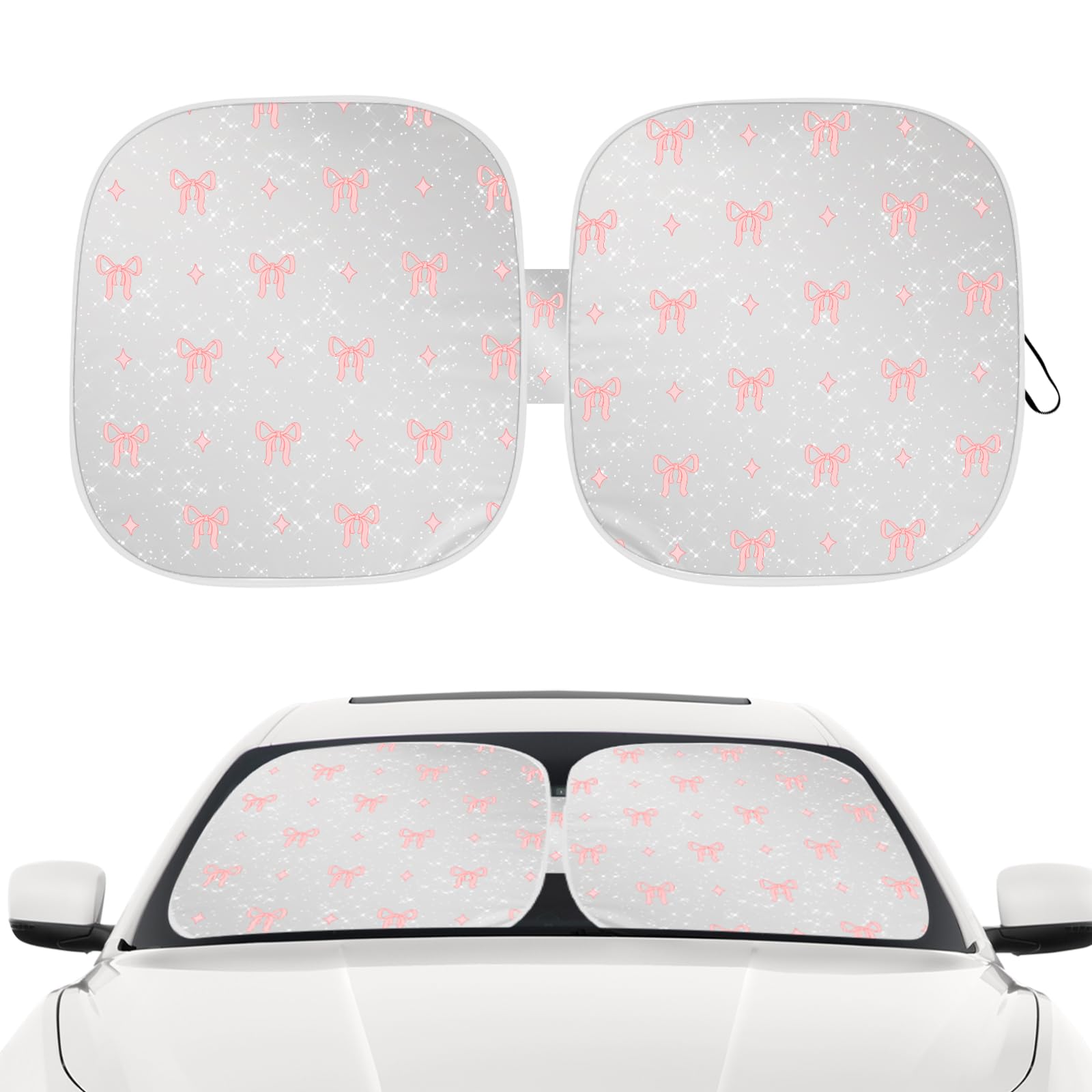 Pink Bow Car Windshield Sun Shade, Foldable UV Protection Window Sunshade with Silver Edging & Storage Pouch, Auto Interior Acce