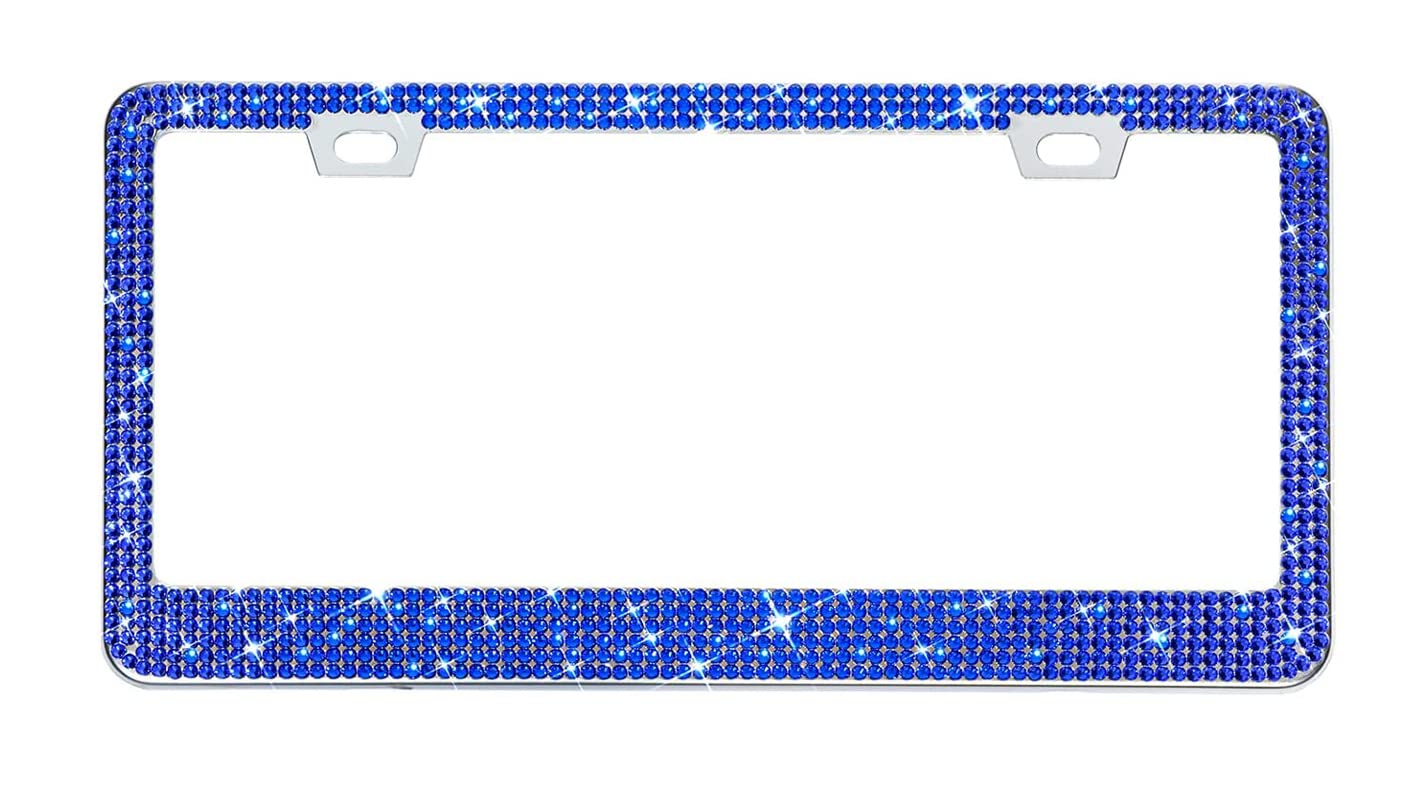 EWBN Bling Rhinestone License Plate Frame - Dark Blue Stainless Steel with 1200+ Glass Crystals