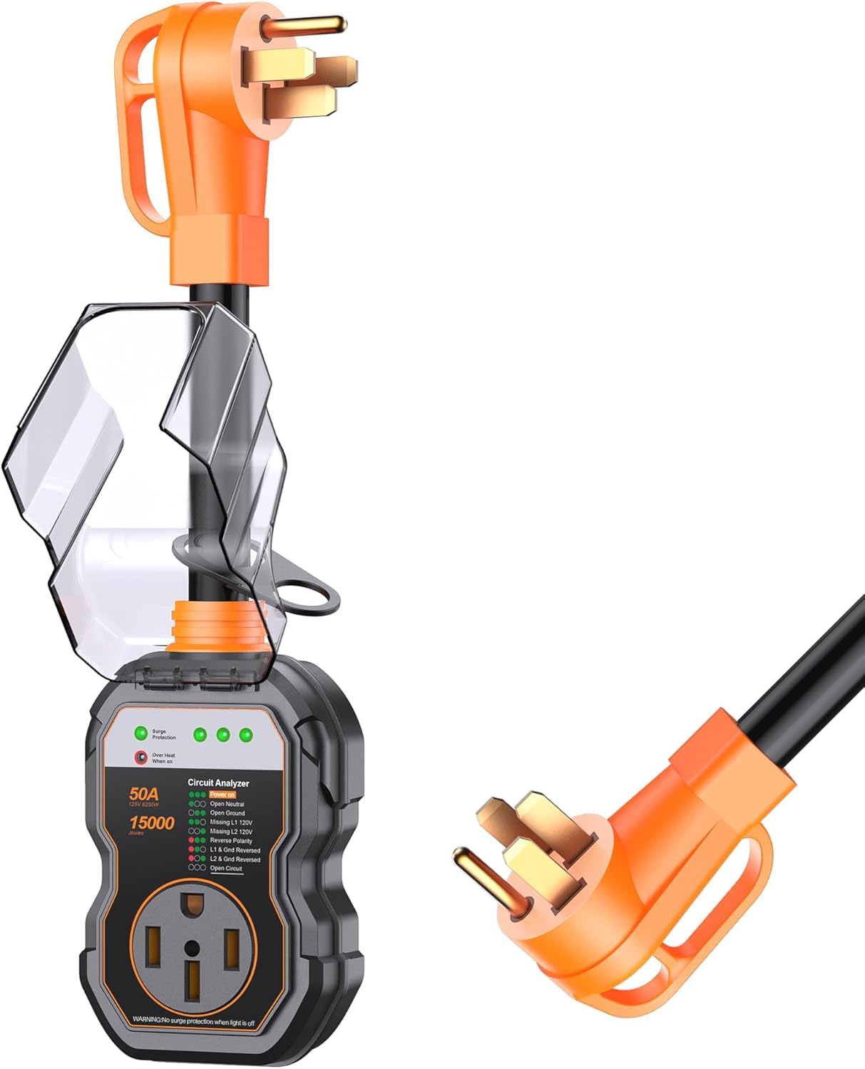 GEARGO 50 Amp RV Surge Protector, 15000 Joules, IP68 Voltage Protection, Orange Adapter Plug for Campers