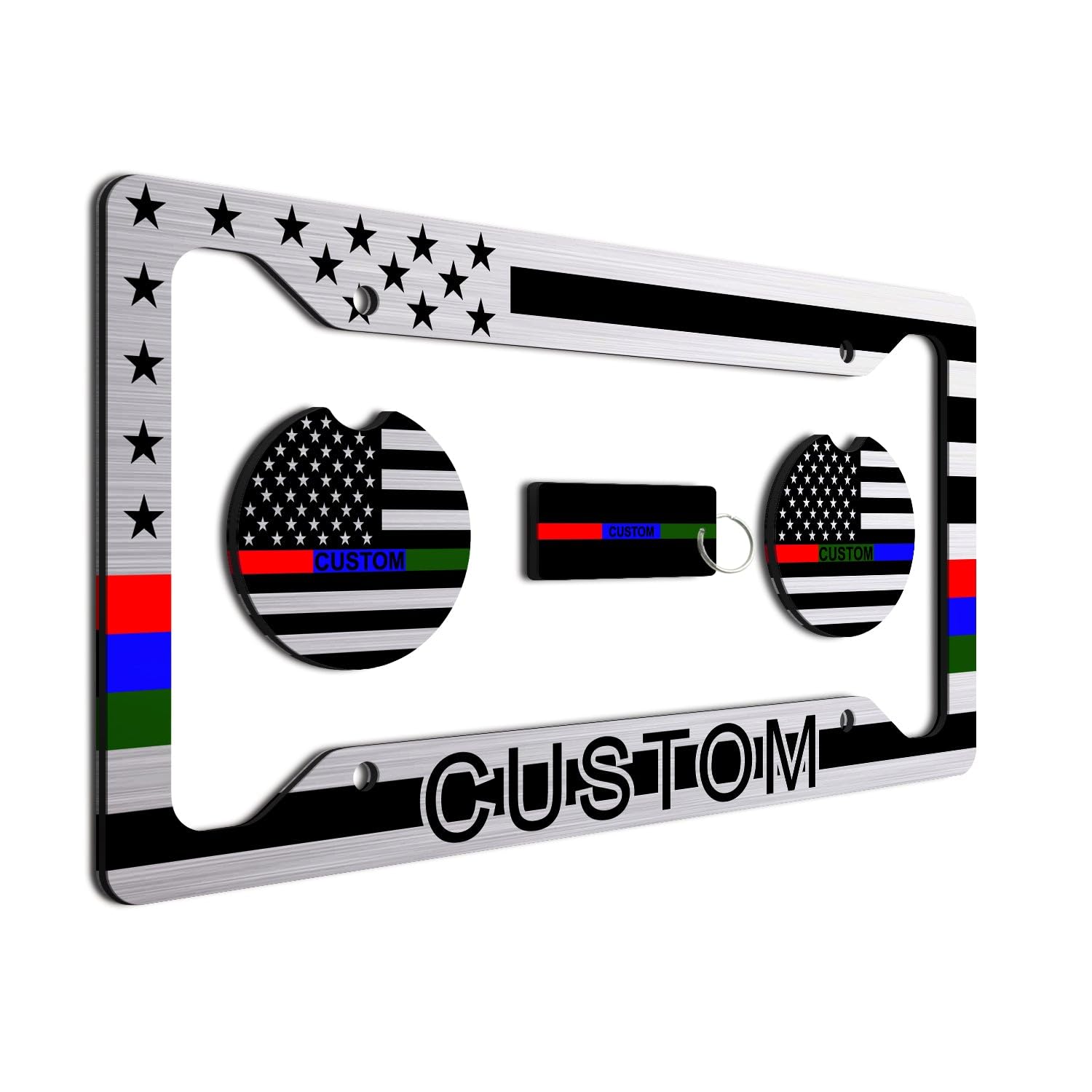 Thin Red, Blue, And Green Line - Personalized American Flag License Plate Frame + 2 Coasters And A Keychain