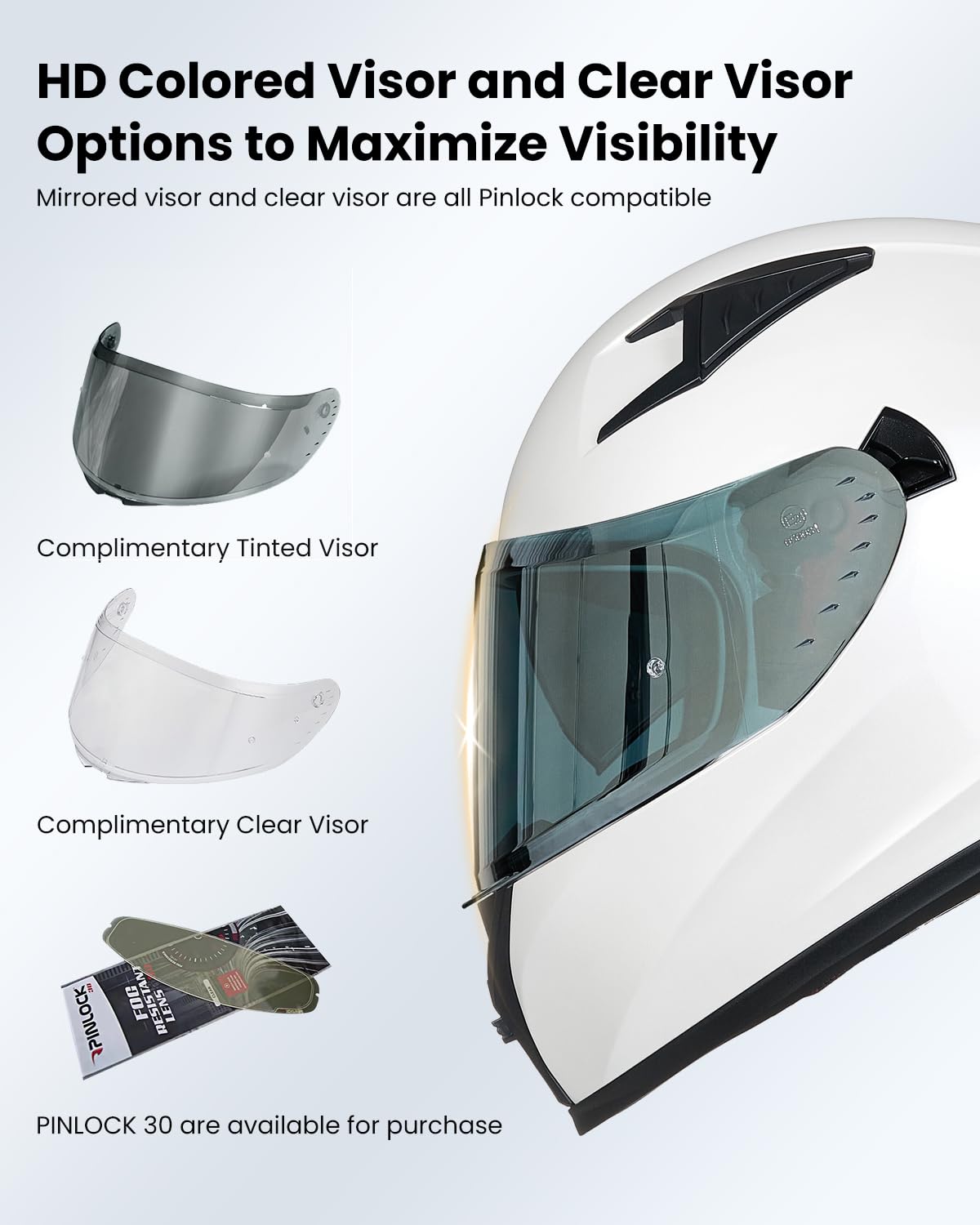 ILM Full Face Motorcycle Helmet, DOT Approved, EPS, Clear & Tinted Visors, Large, White, Model Z501