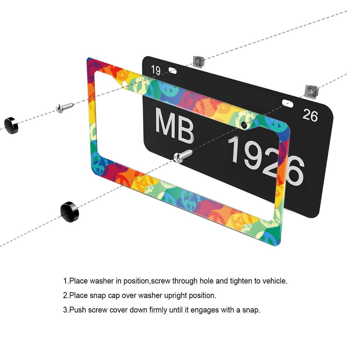 Meikosks Rainbow Peace and Love License Plate Frame,Metal Aluminum Car Cover Tag Holder Frames,2 Holes with Screw Caps for Men W