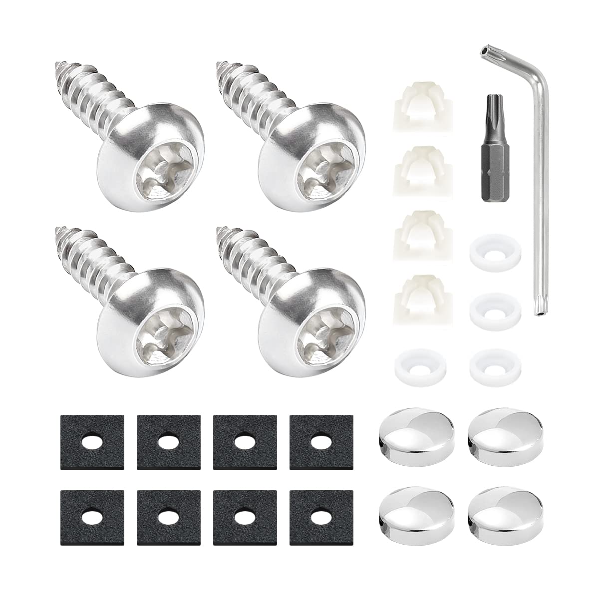 Anti Theft License Plate Screws Kits, Stainless Steel Rustproof Licence Plate Screw Frames Covers, Anti-Rattle Foam Pads And Fas