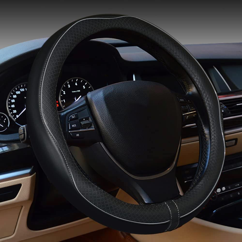 Gomass Car Steering Wheel Cover, Anti-Slip, Safety, Soft, Breathable, Heavy Duty, Thick, Full Surround, Sports Style (Black With Gray Line)