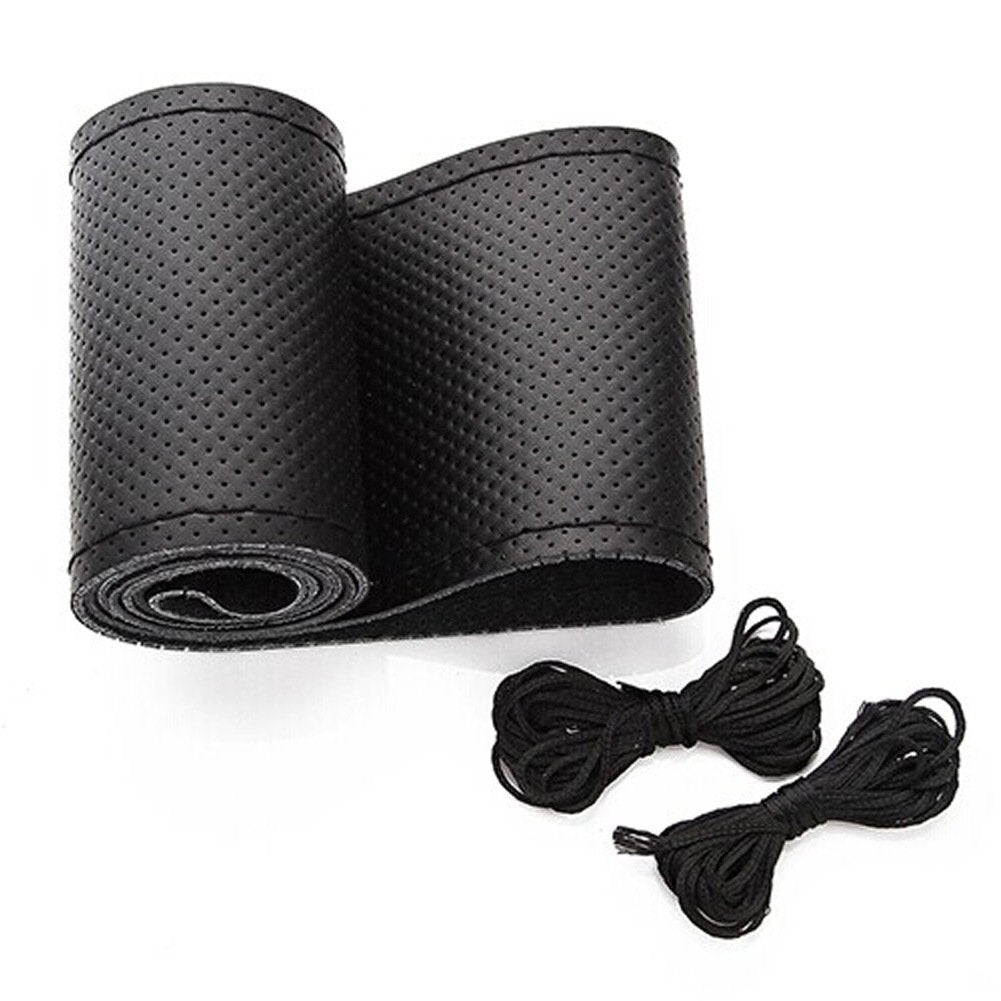 Belinous Universal Leather Car Steering Wheel Cover, Stitch On Wrap (Size S5, Black)