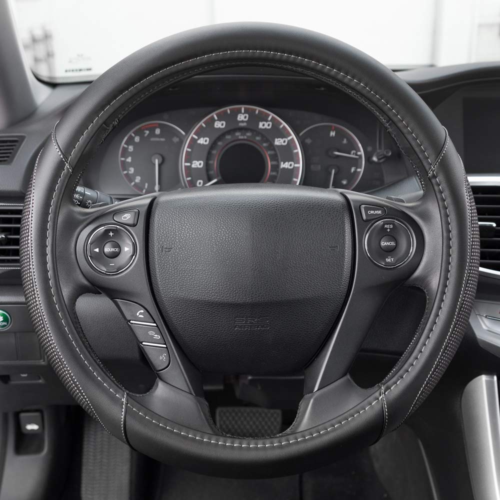 Motor Trend White Steering Wheel Cover - Dotted Comfort Polyester Grip On Stitched Synthetic Leather, White/Black