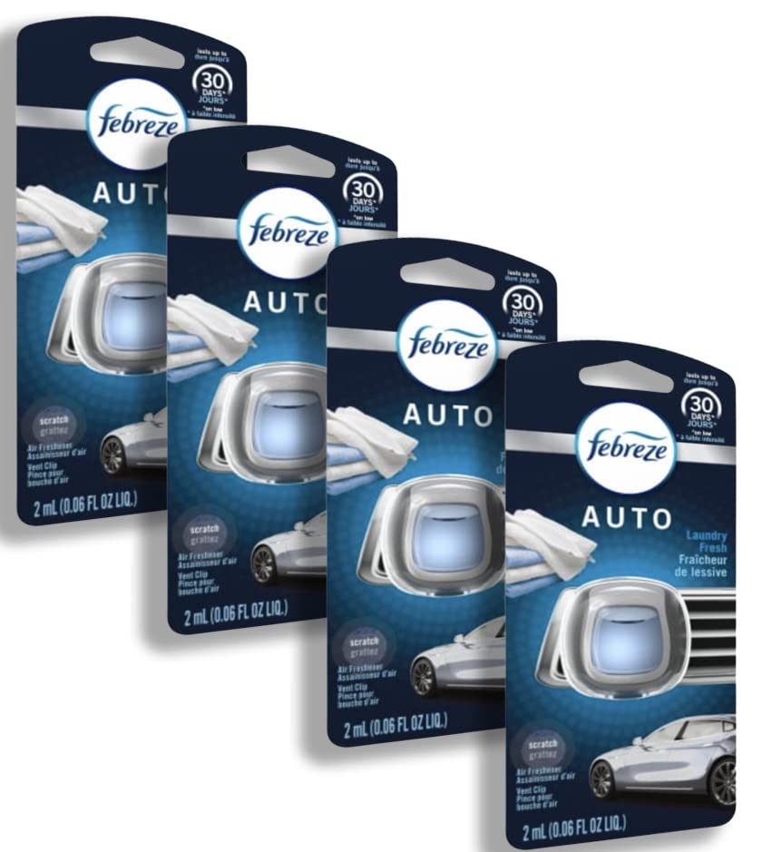 Febreze Car Vent Clip Air Freshener, Odor Eliminator For Strong Odors, Up To 30 Days Freshness, Laundry Fresh, 4 Packs