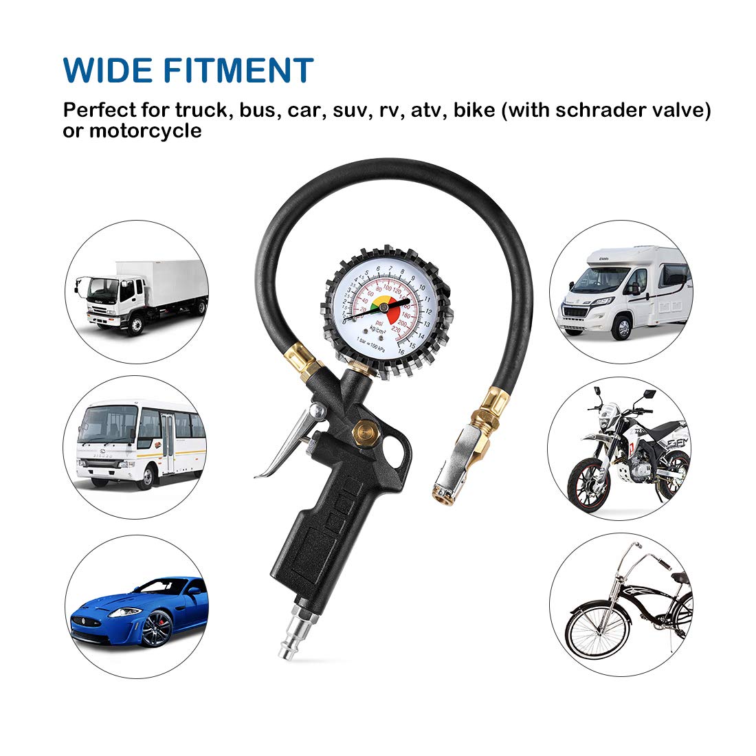 CZC AUTO Tire Inflator Deflator Air Pressure Gauge with Rubber Hose, 2-1/2'' Dial Wheel Inflator Gage with Straight Brass Lock-o