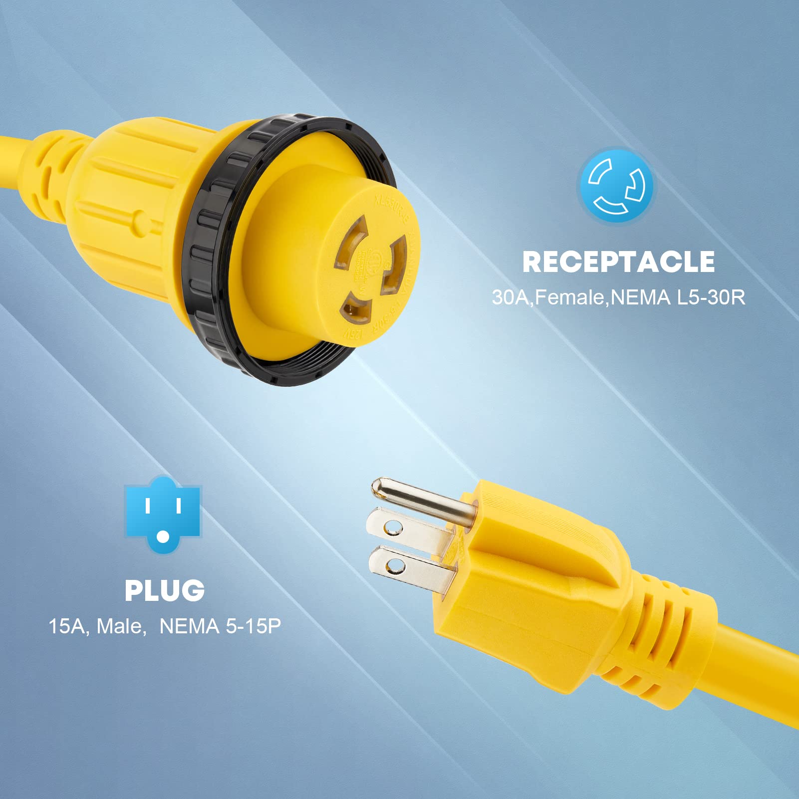 Kohree 30 Amp to 15 Amp RV Adapter Plug, 12" Twist Lock, NEMA 5-15P to L5-30R, Yellow, Model KR6421,